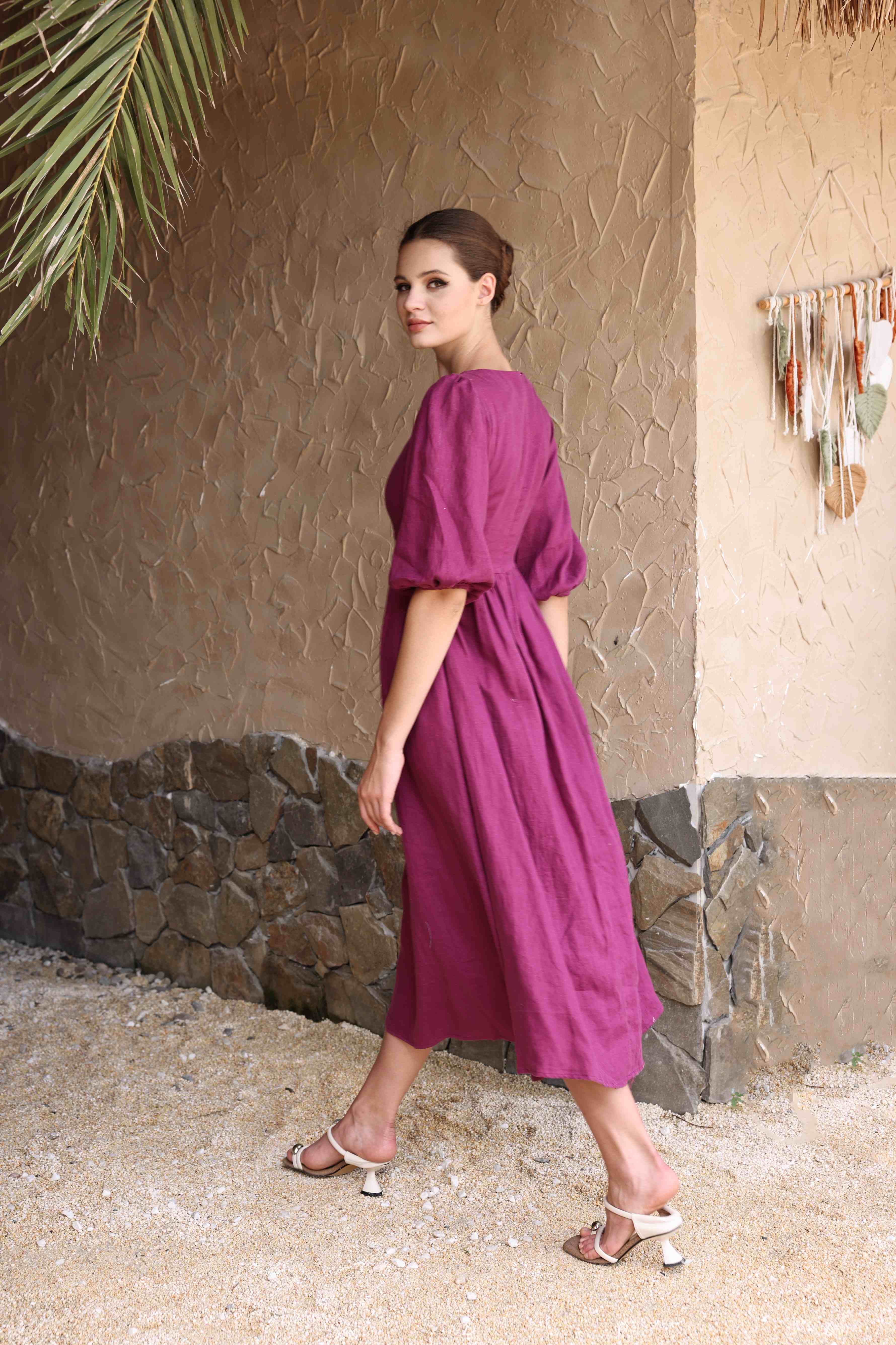 Linen puff midi dress