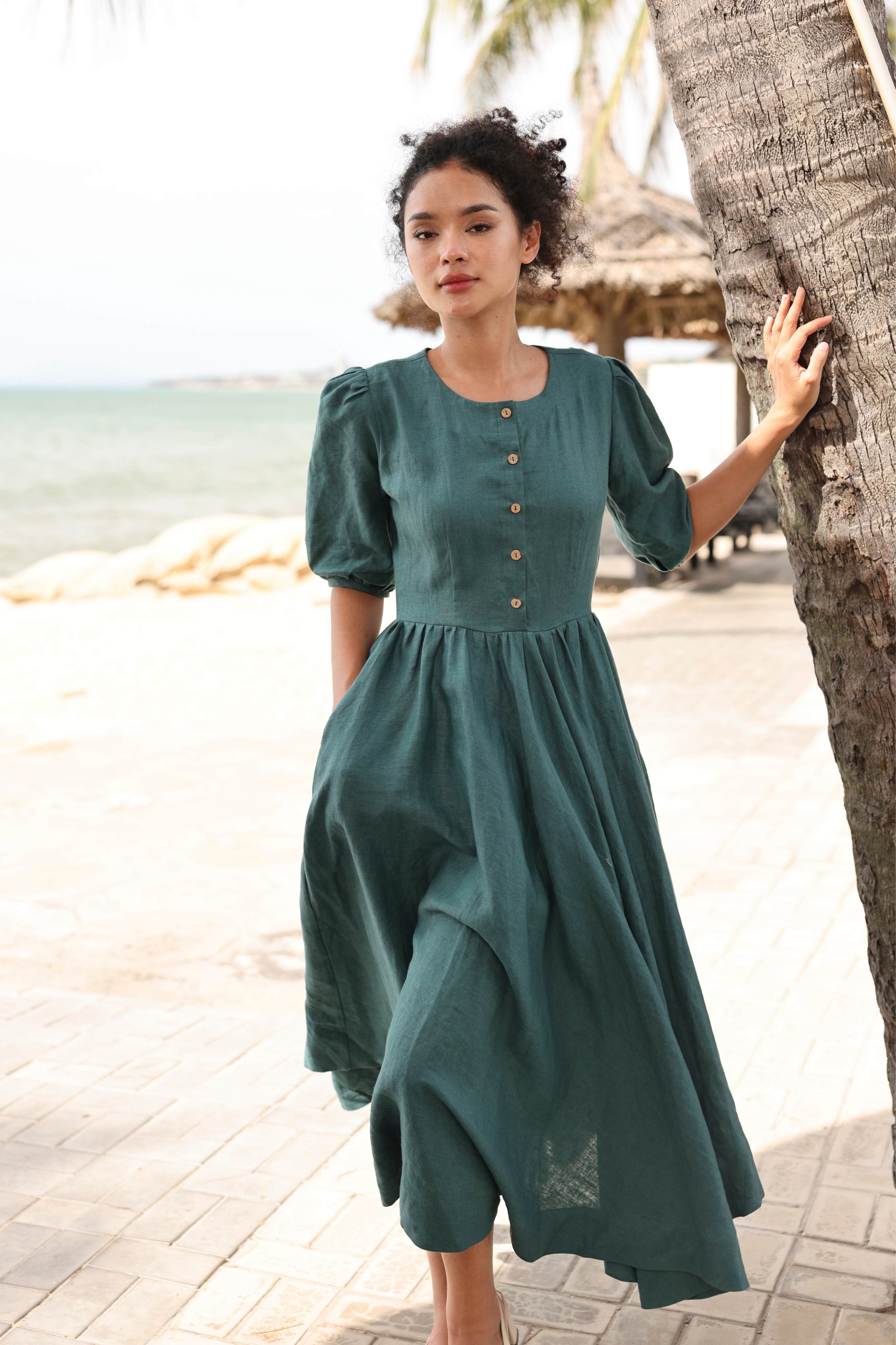 Linen puff sleeve A-line dress