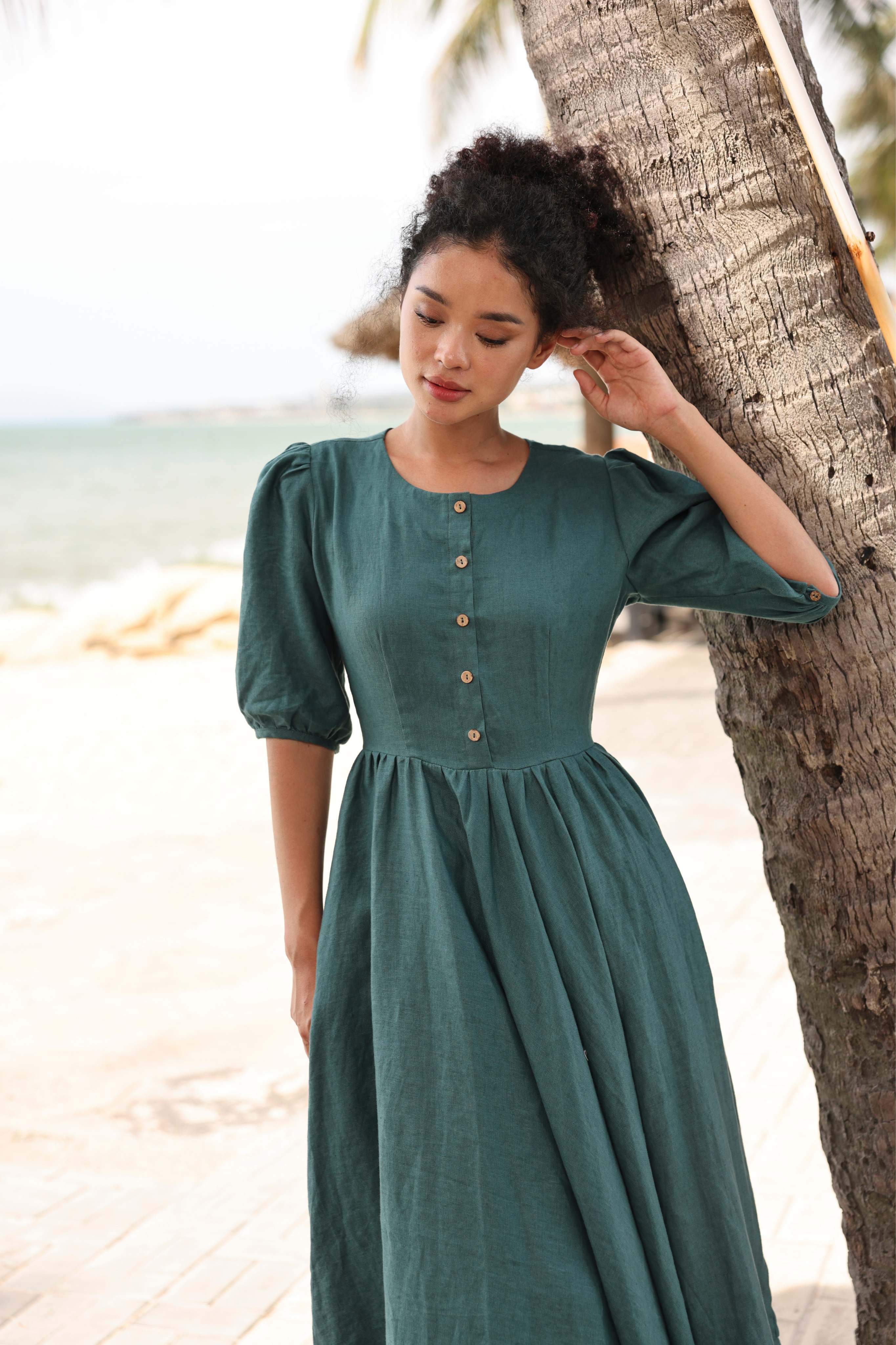 Linen puff sleeve A-line dress