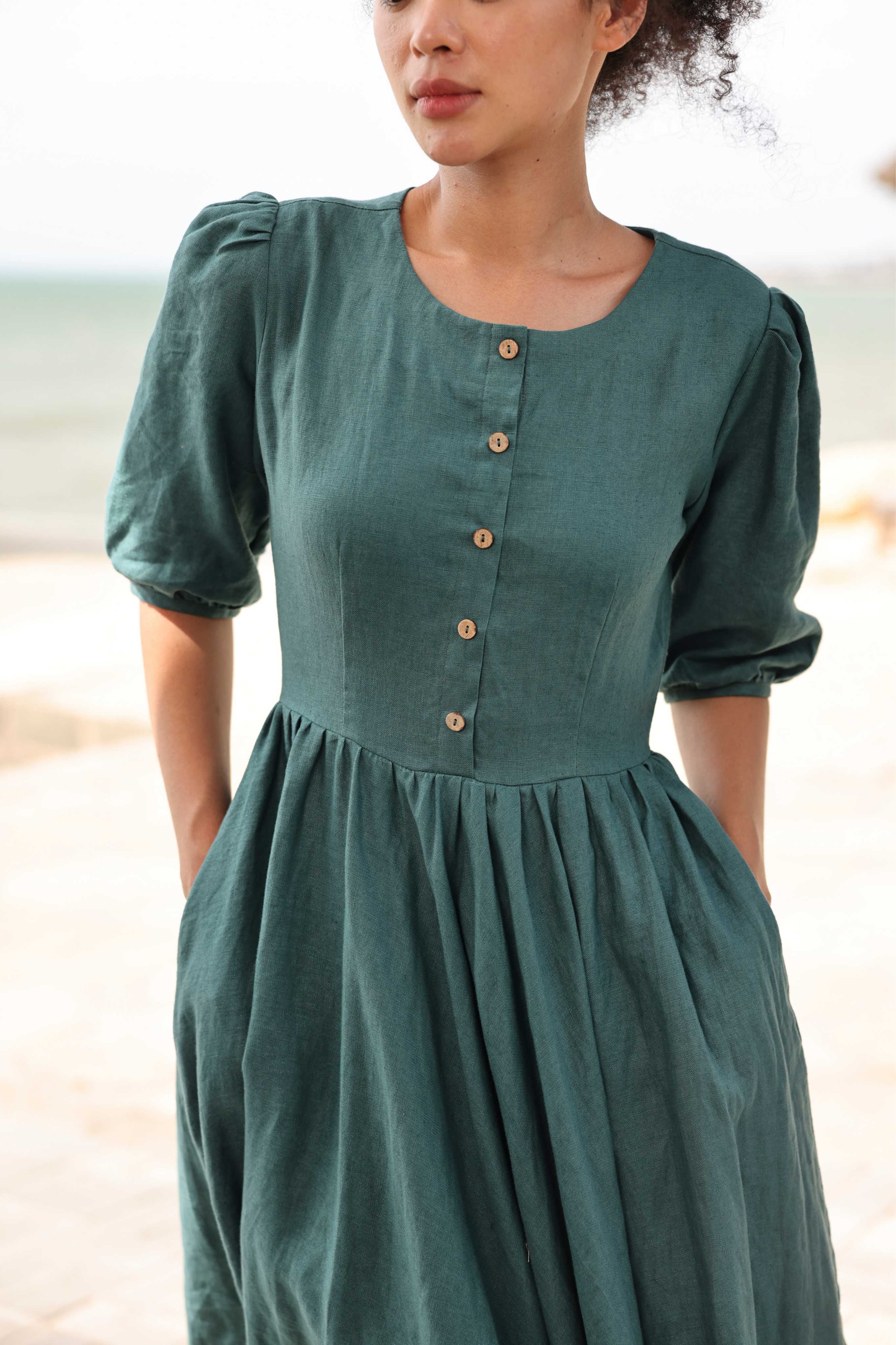 Linen puff sleeve A-line dress