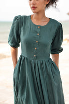 Linen puff sleeve A-line dress