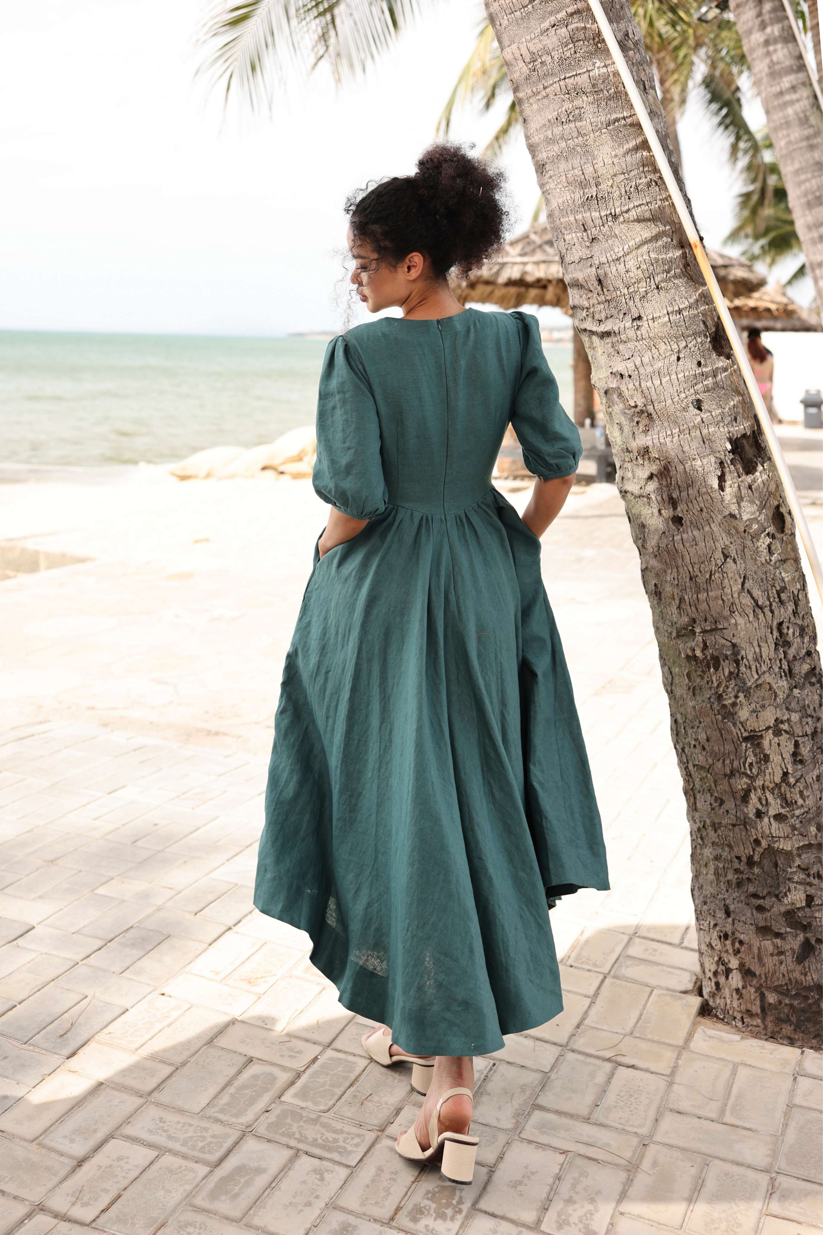 Linen puff sleeve A-line dress