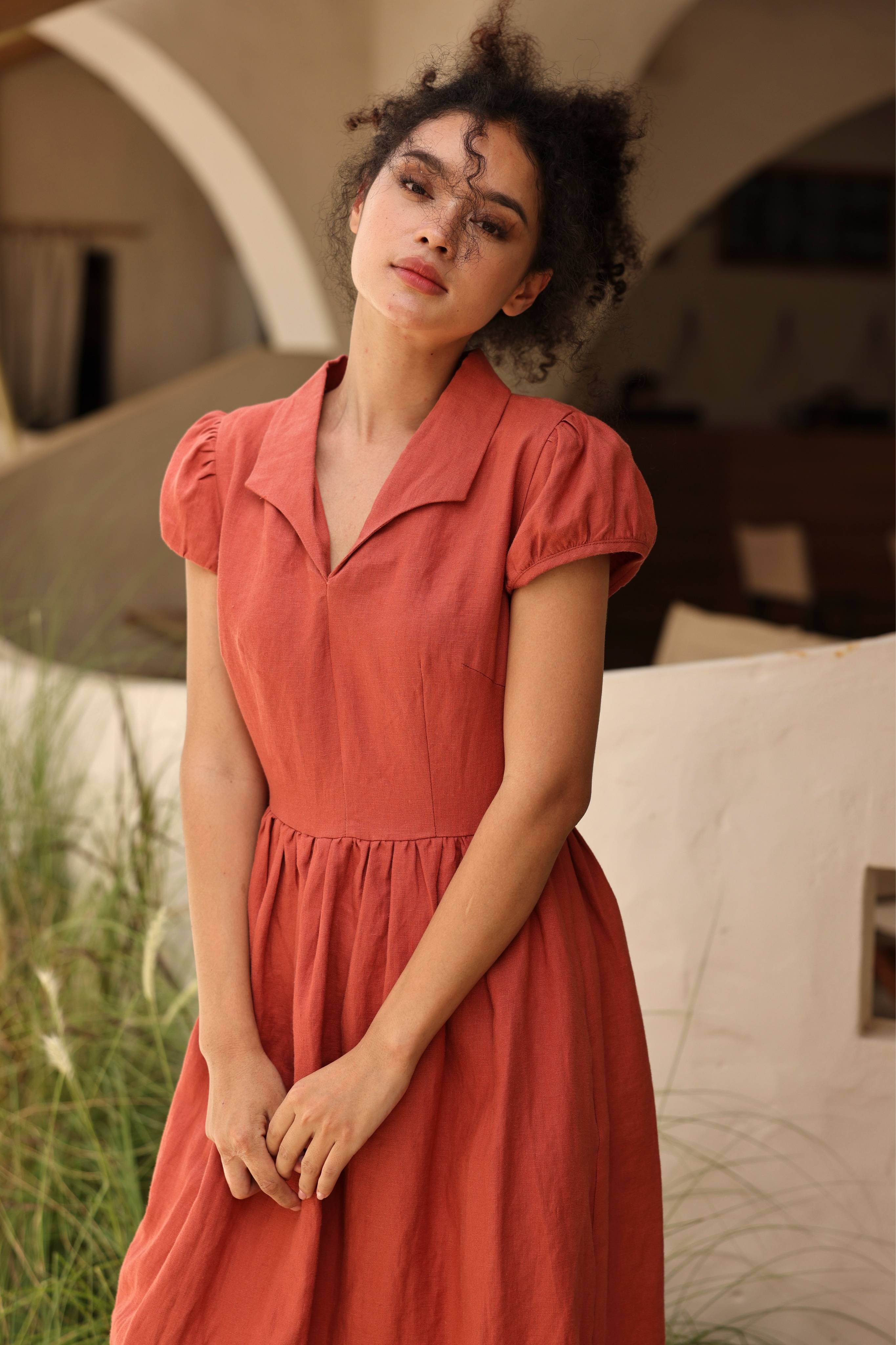 Linen short puff sleeve midi dress
