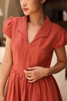 Linen short puff sleeve midi dress