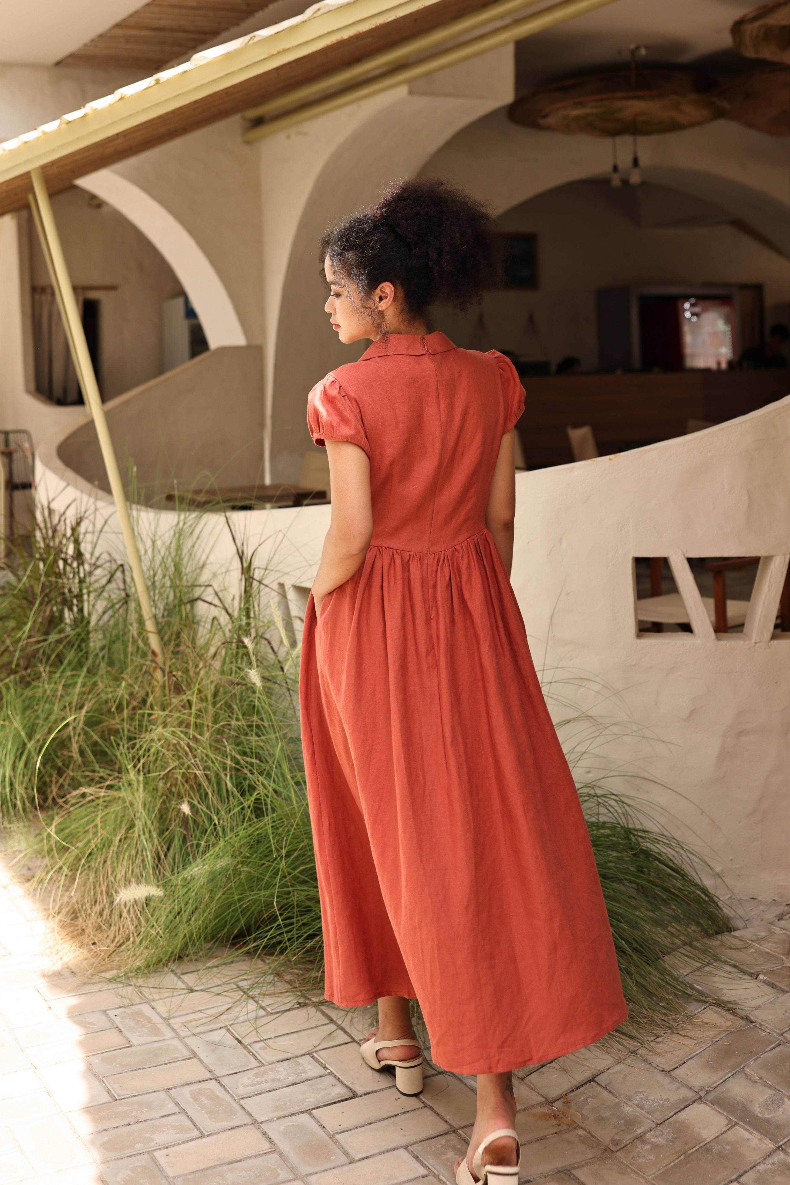 Linen short puff sleeve midi dress