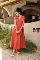 Linen short puff sleeve midi dress