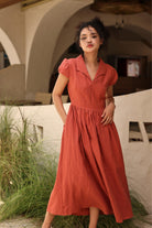 Linen short puff sleeve midi dress