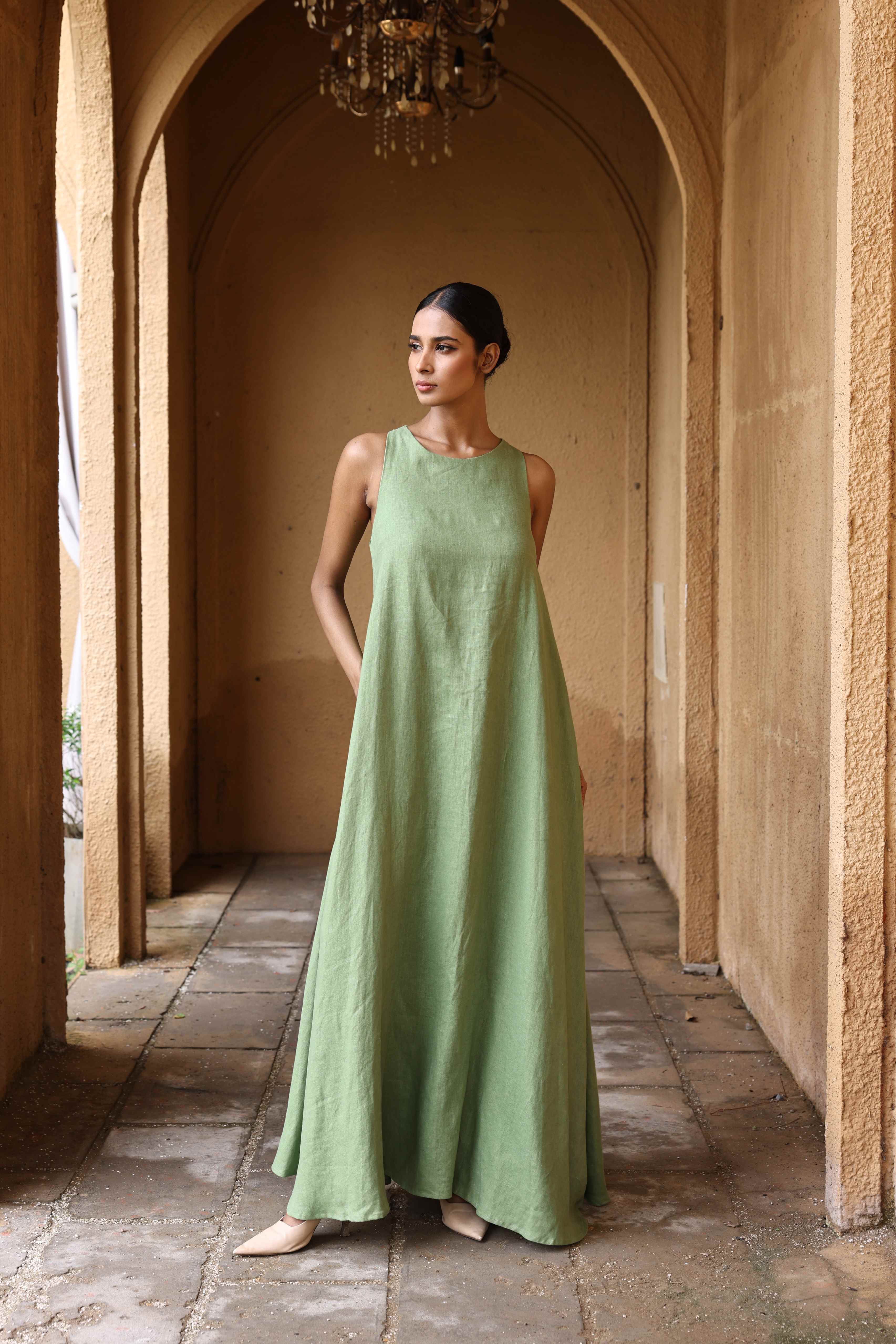 Linen tie-back maxi dress