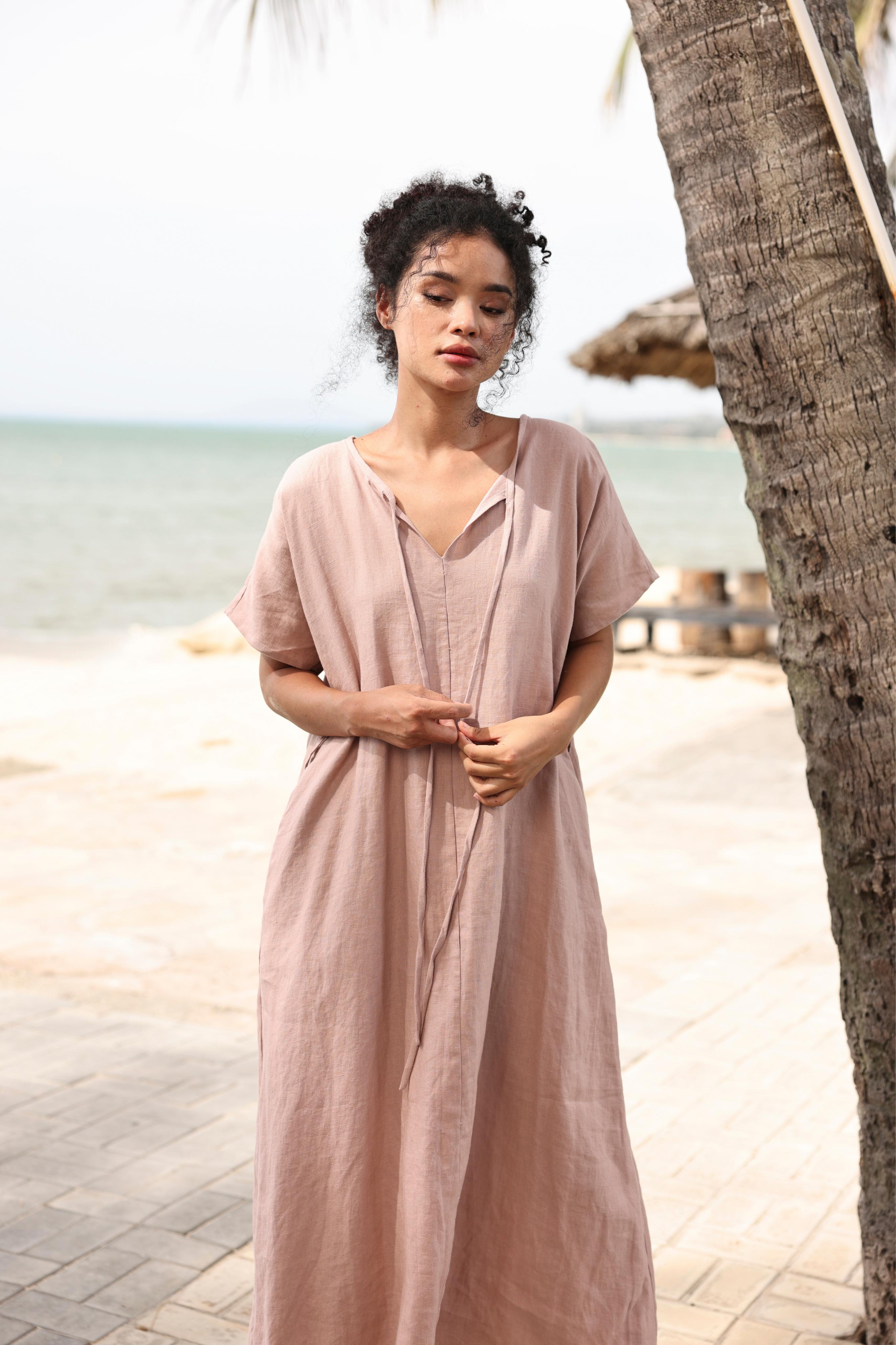 Linen tie belt maxi dress