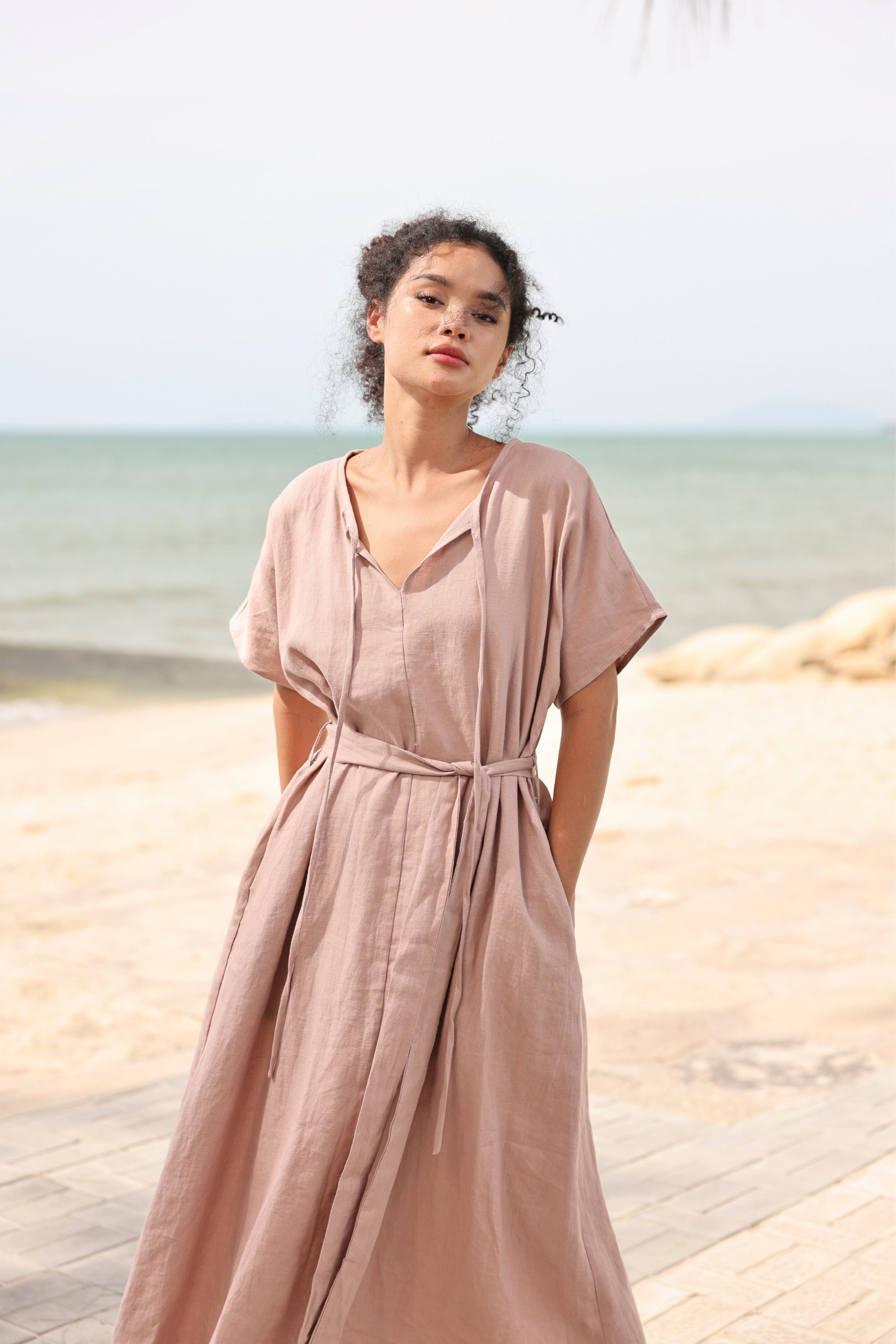 Linen tie belt maxi dress