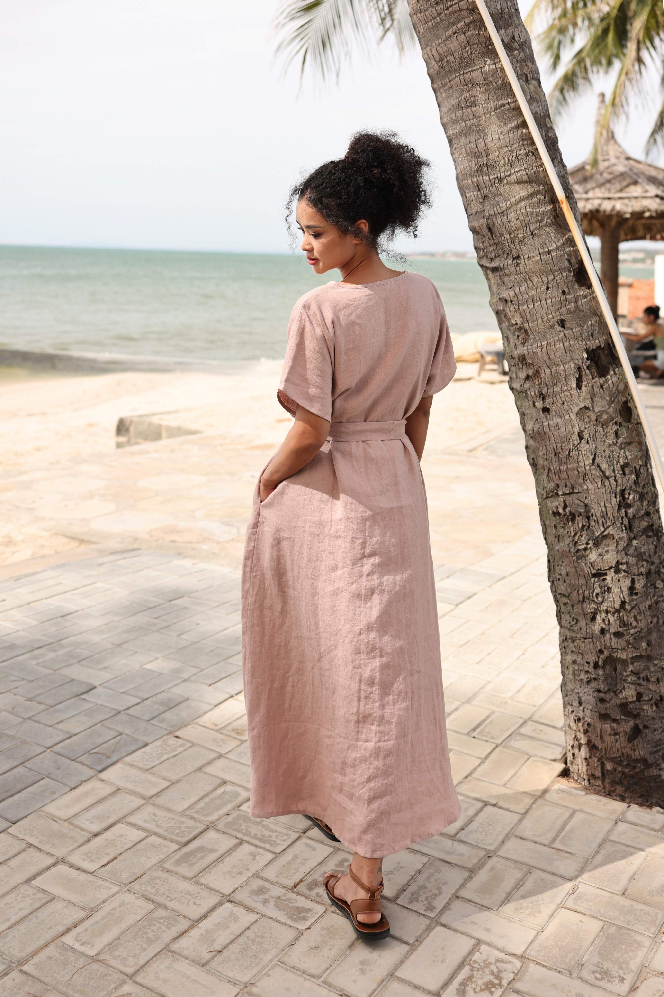 Linen tie belt maxi dress