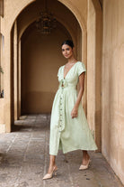 Linen tie-front midi dress
