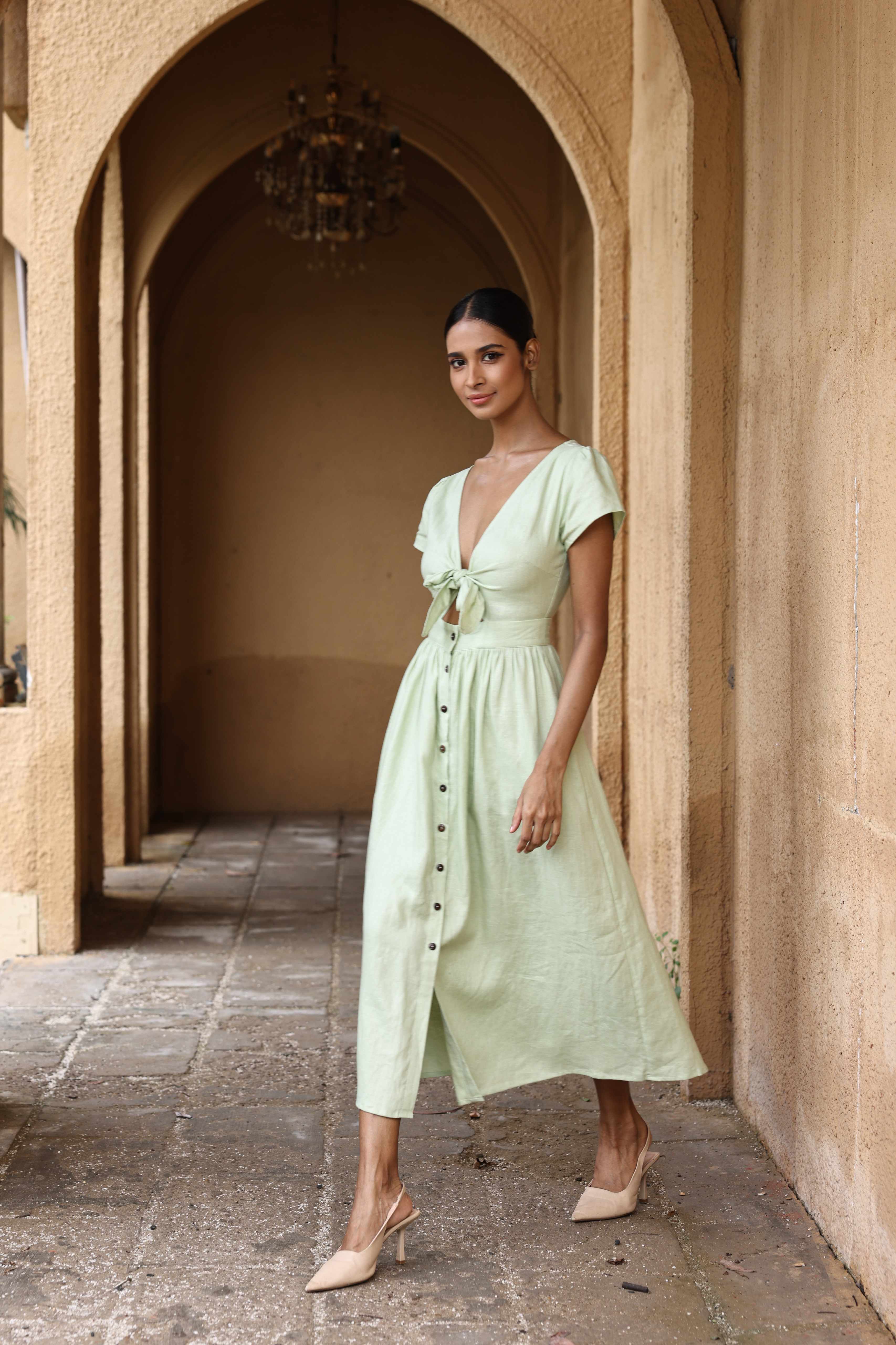 Linen tie-front midi dress