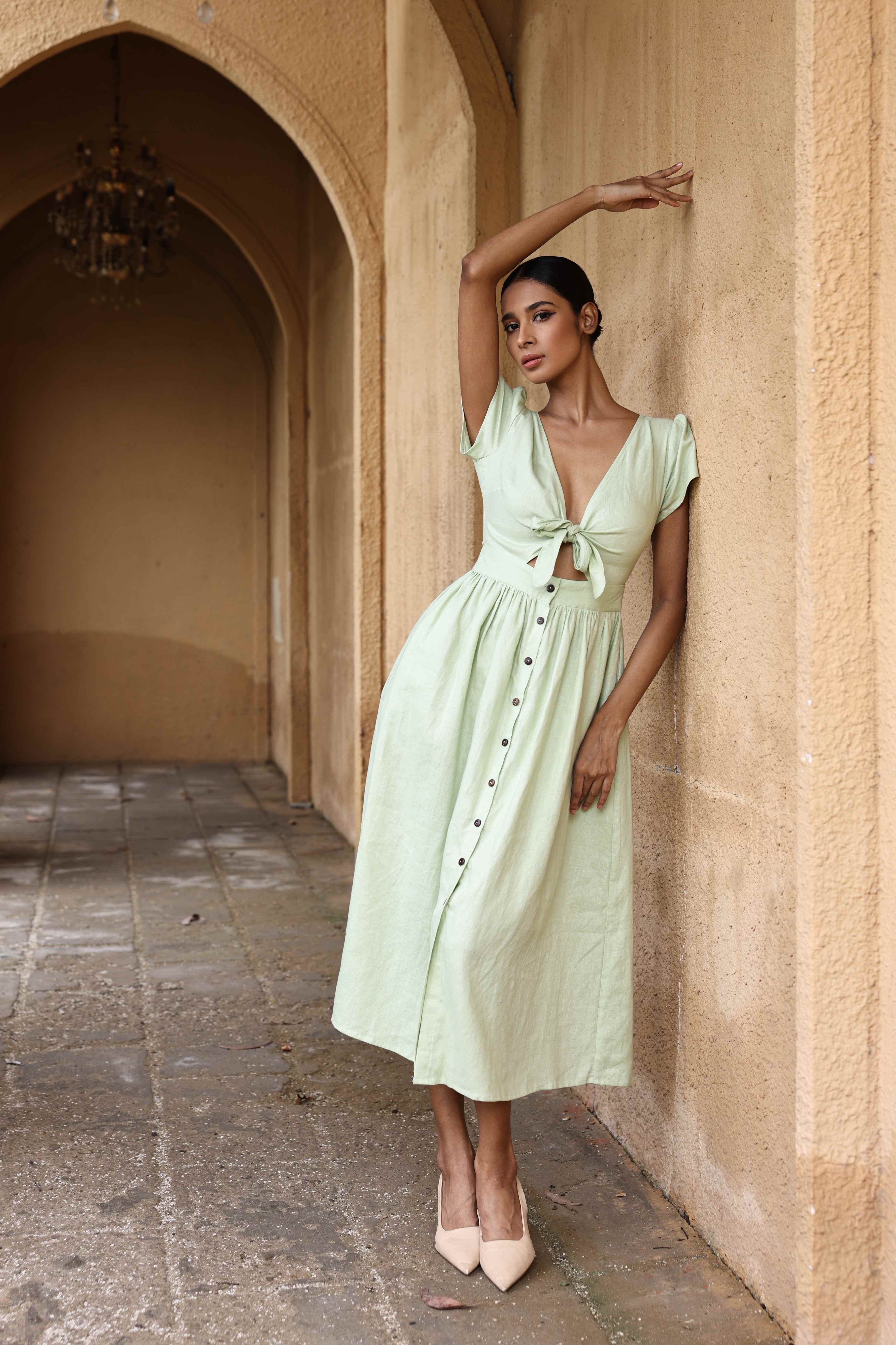 Linen tie-front midi dress