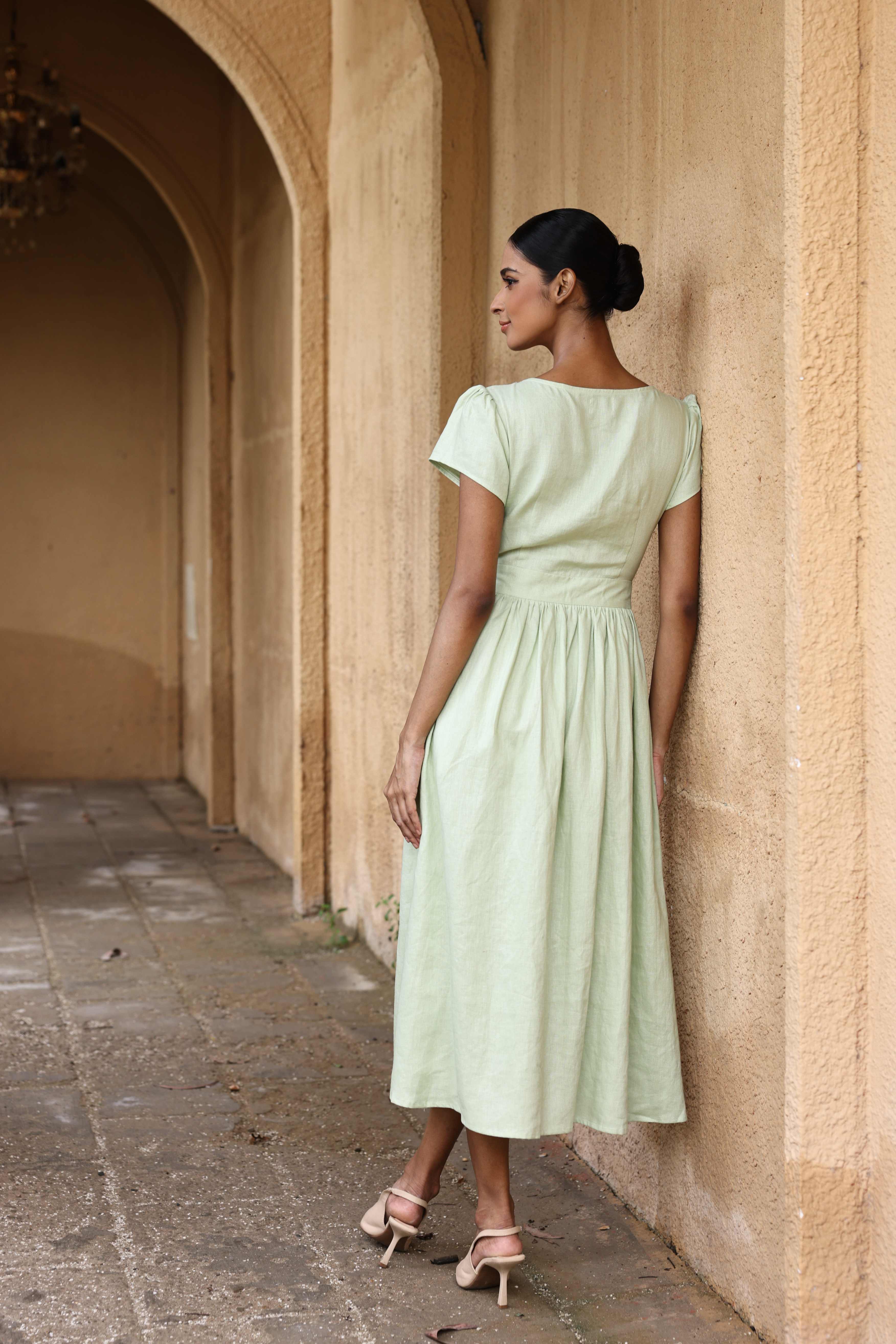 Linen tie-front midi dress