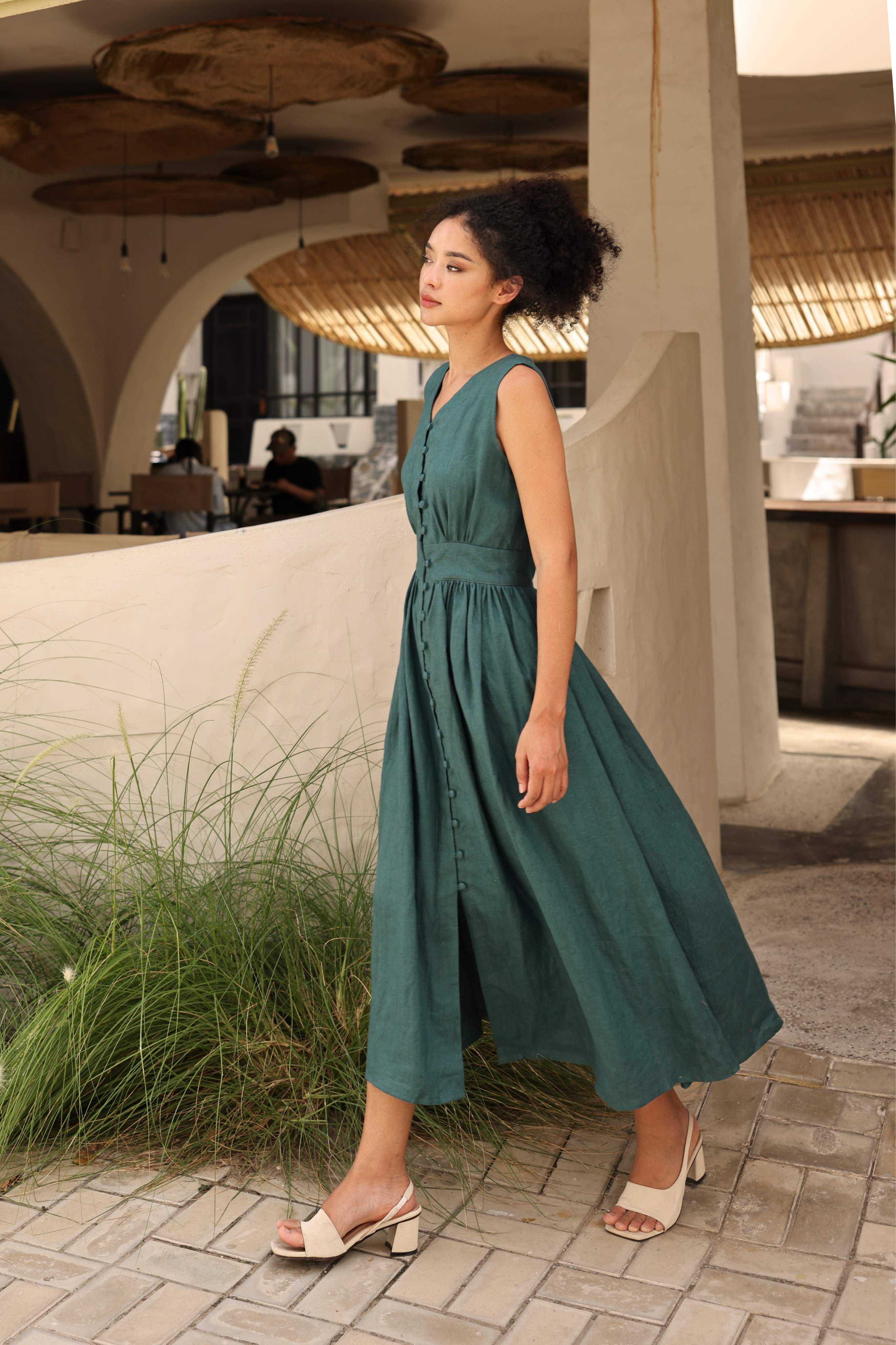 Linen V-neck button front dress