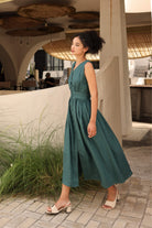 Linen V-neck button front dress