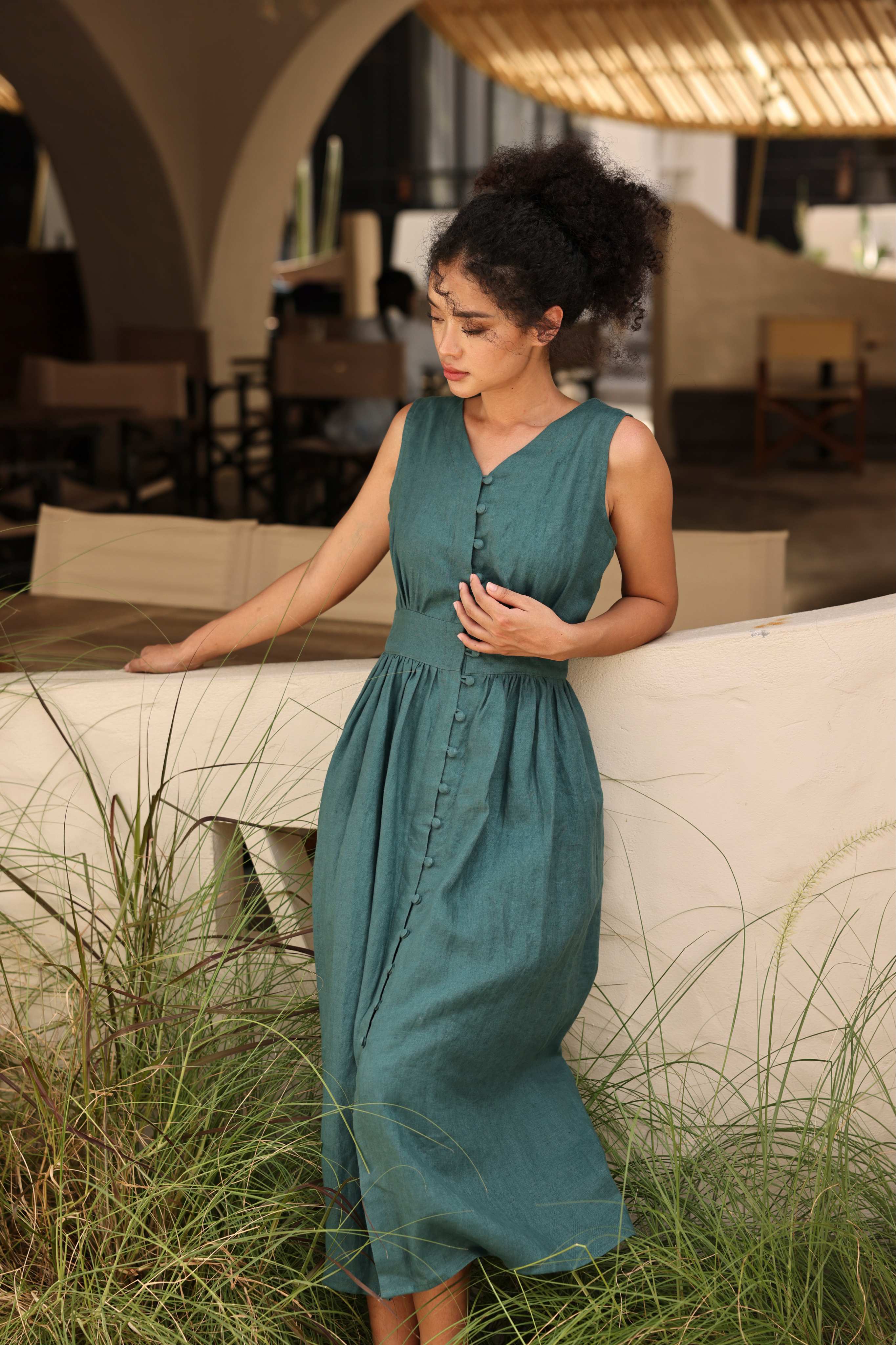 Linen V-neck button front dress