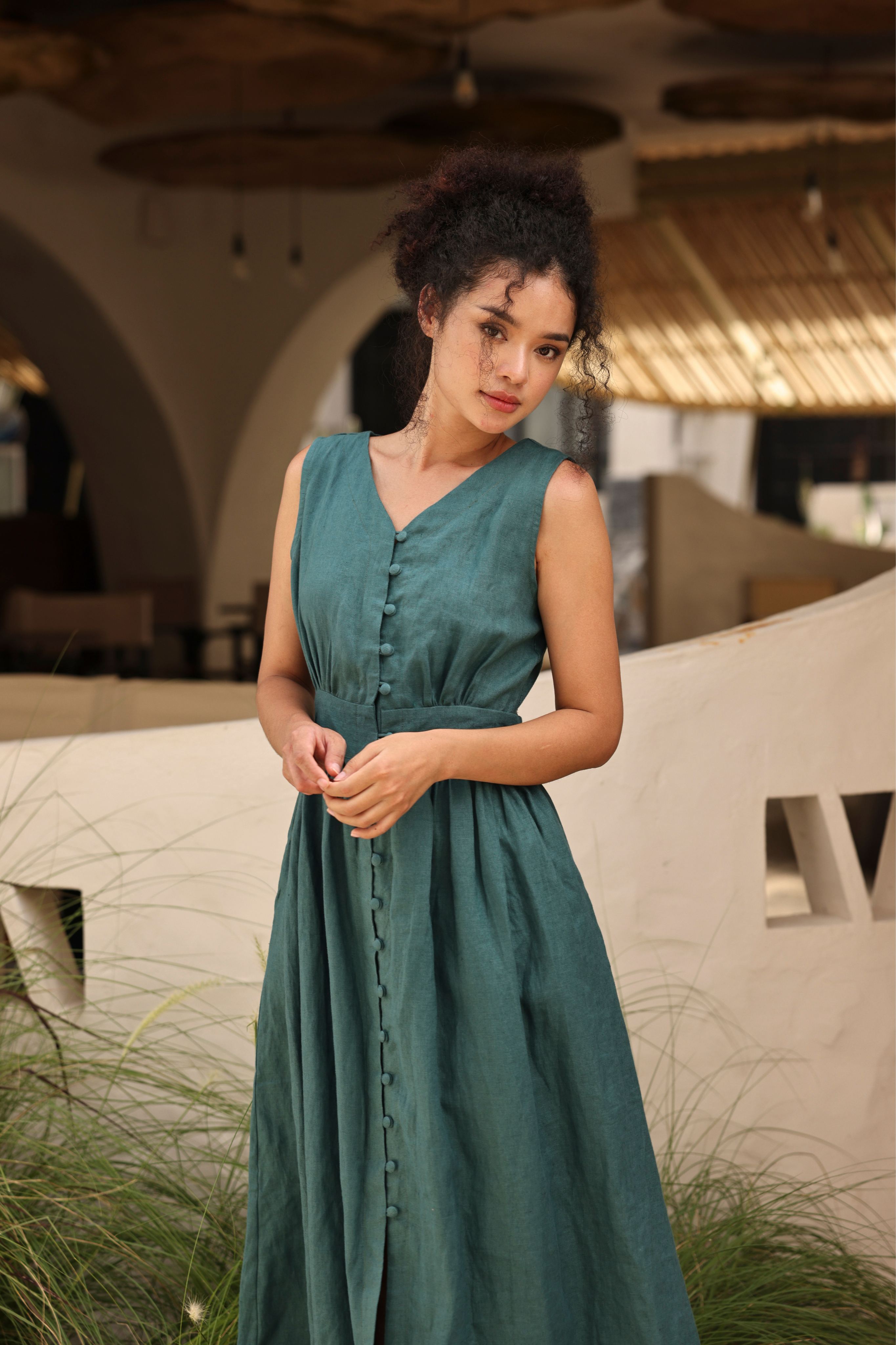 Linen V-neck button front dress