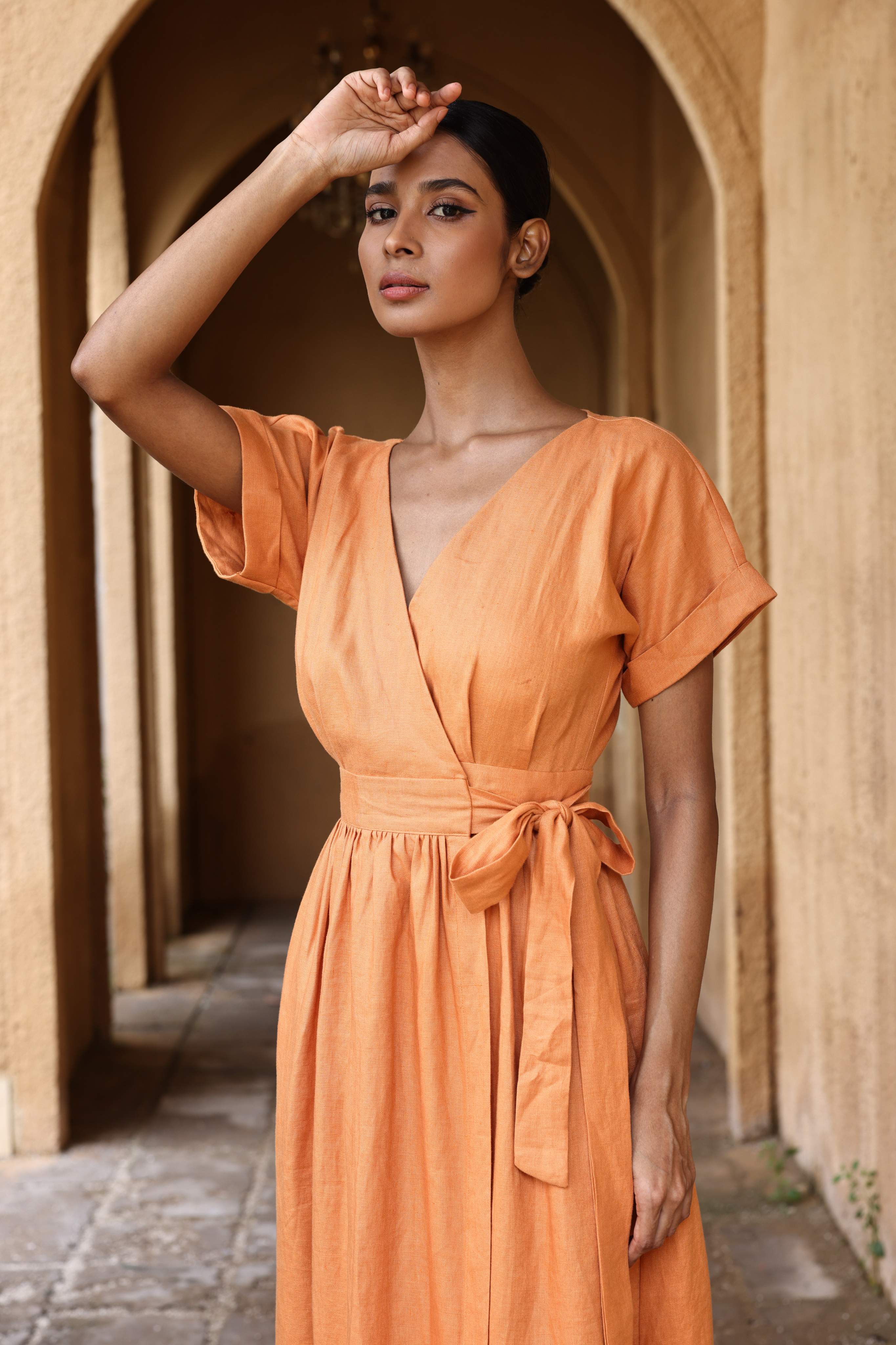 Linen wrap tie dress
