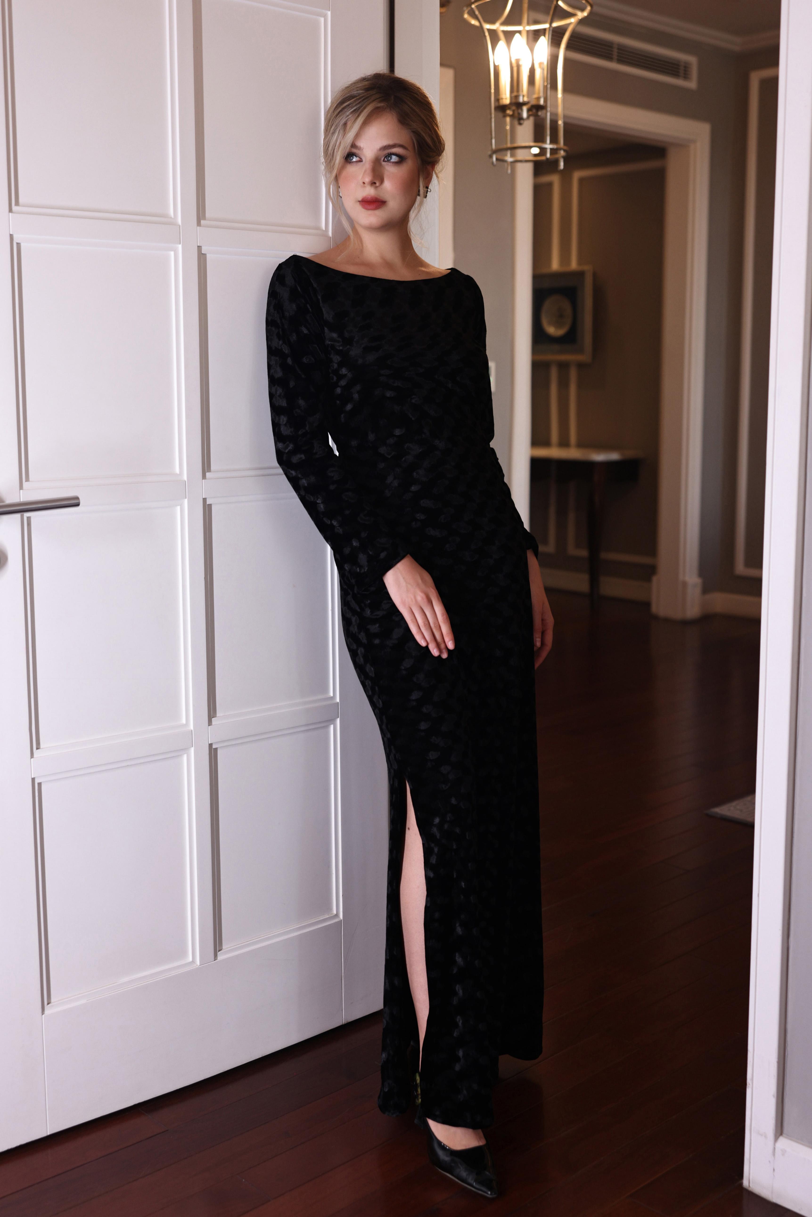 Long black velvet dress