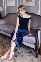 long blue velvet bridesmaid gown