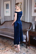 long blue velvet bridesmaid gown