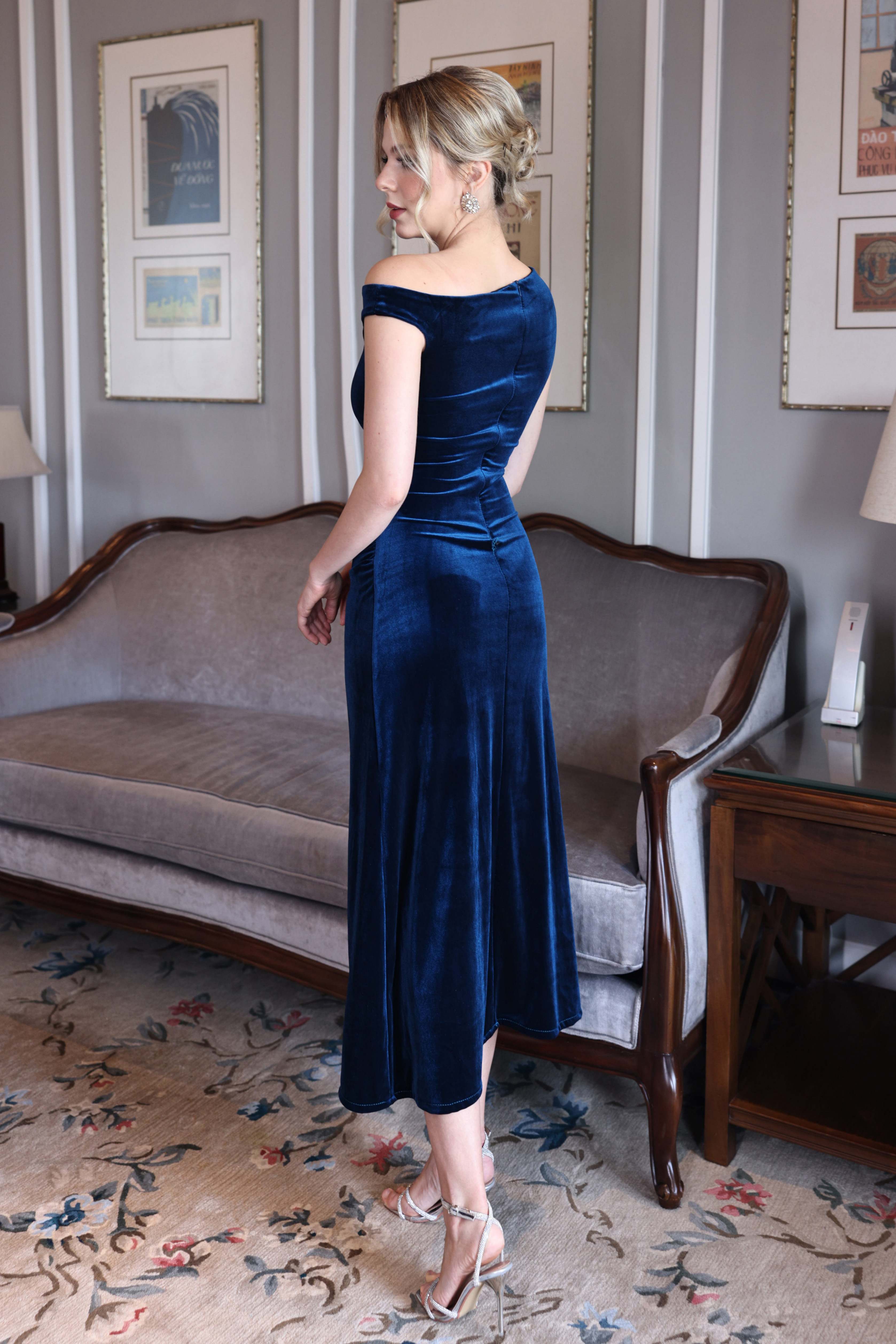 long blue velvet bridesmaid gown
