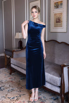 long blue velvet bridesmaid gown