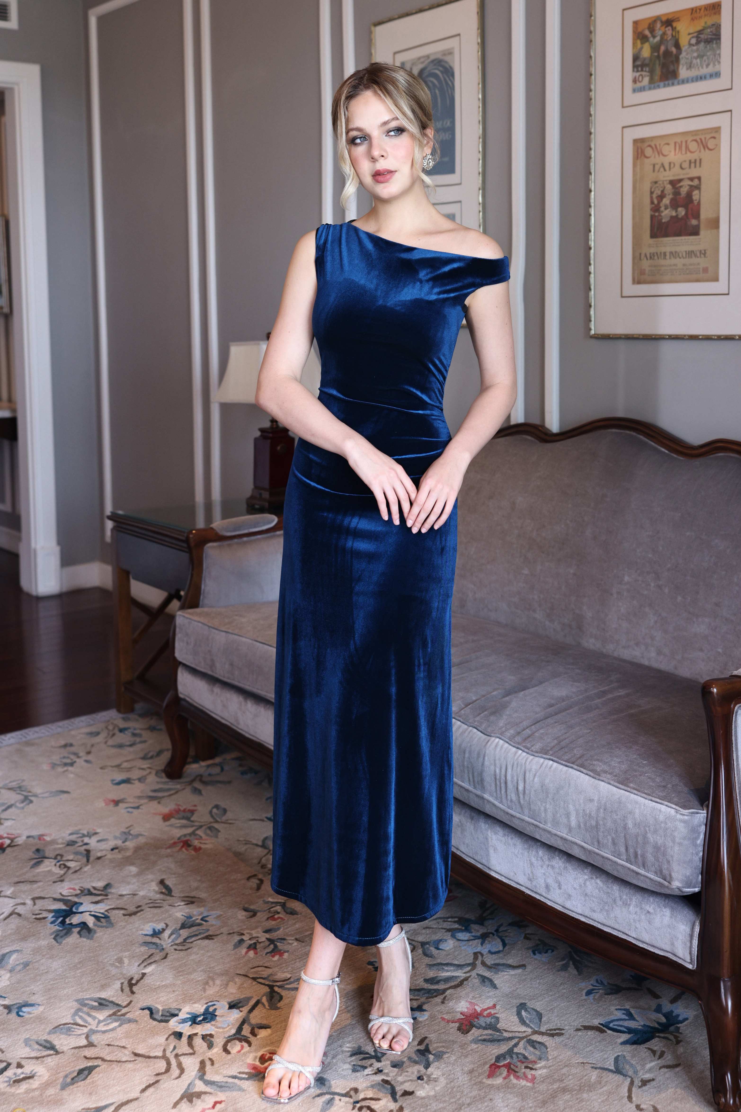 long blue velvet bridesmaid gown