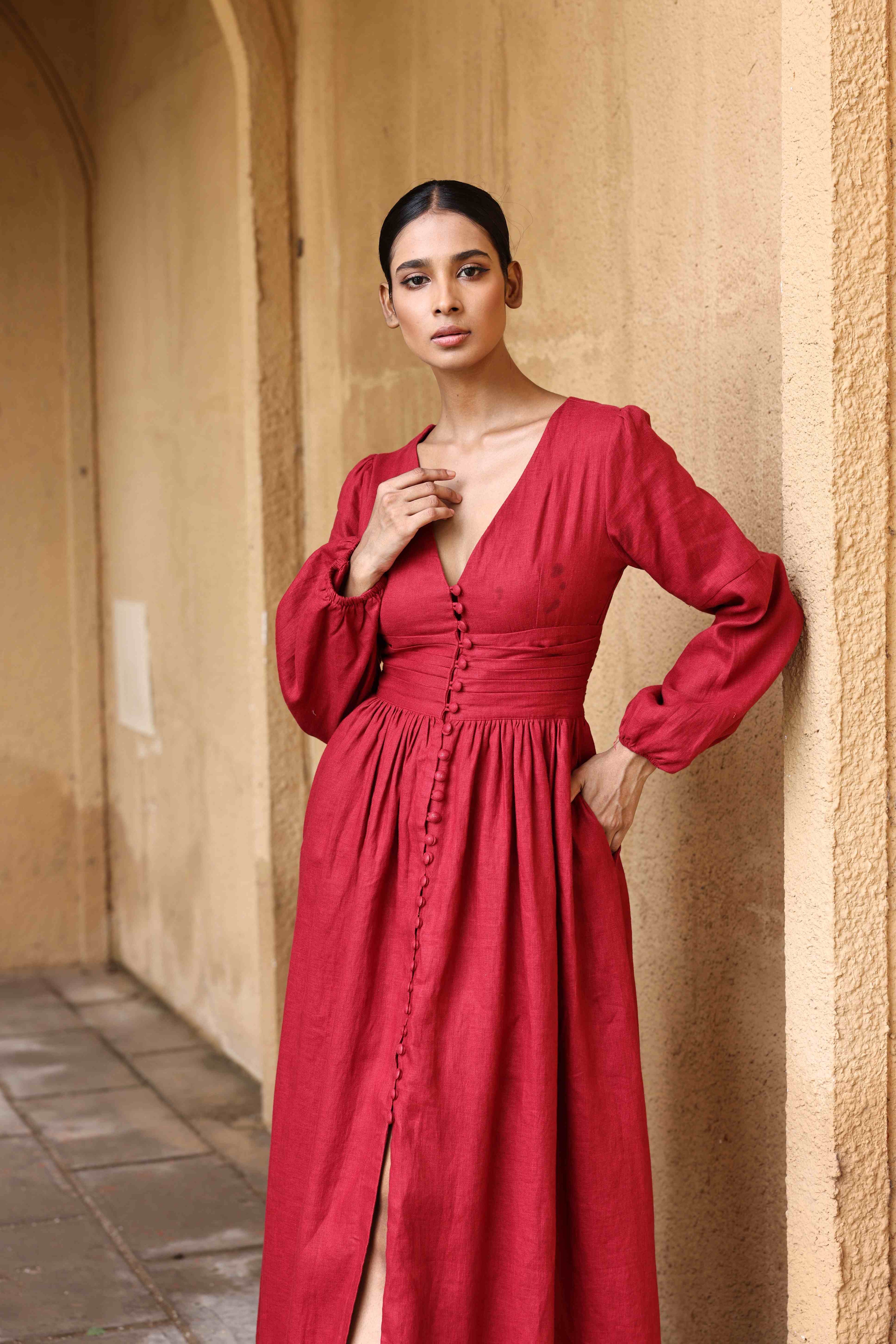 Long-sleeve linen maxi dress