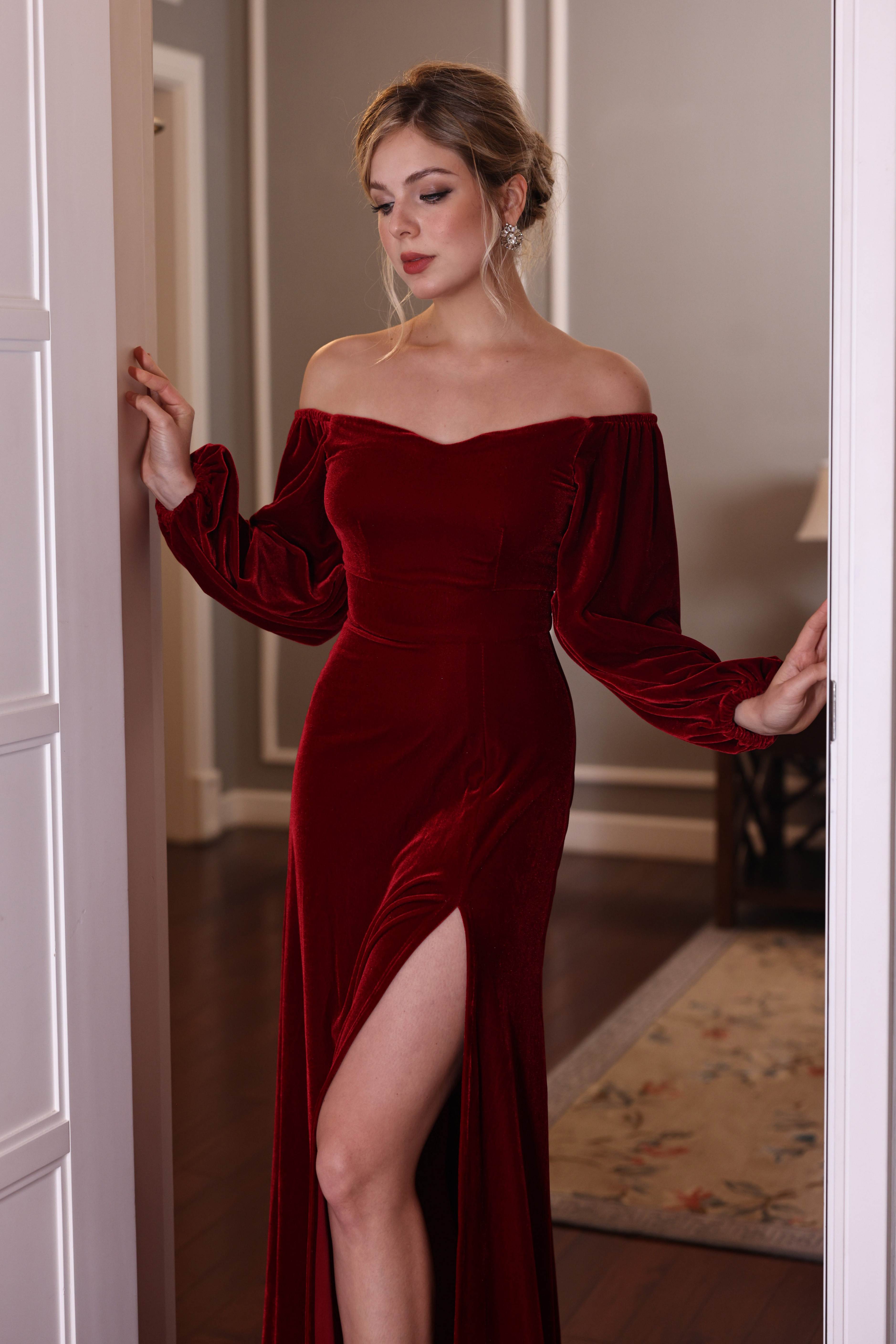 long sleeve red velvet dress