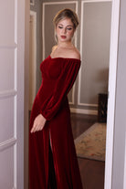 long sleeve red velvet dress
