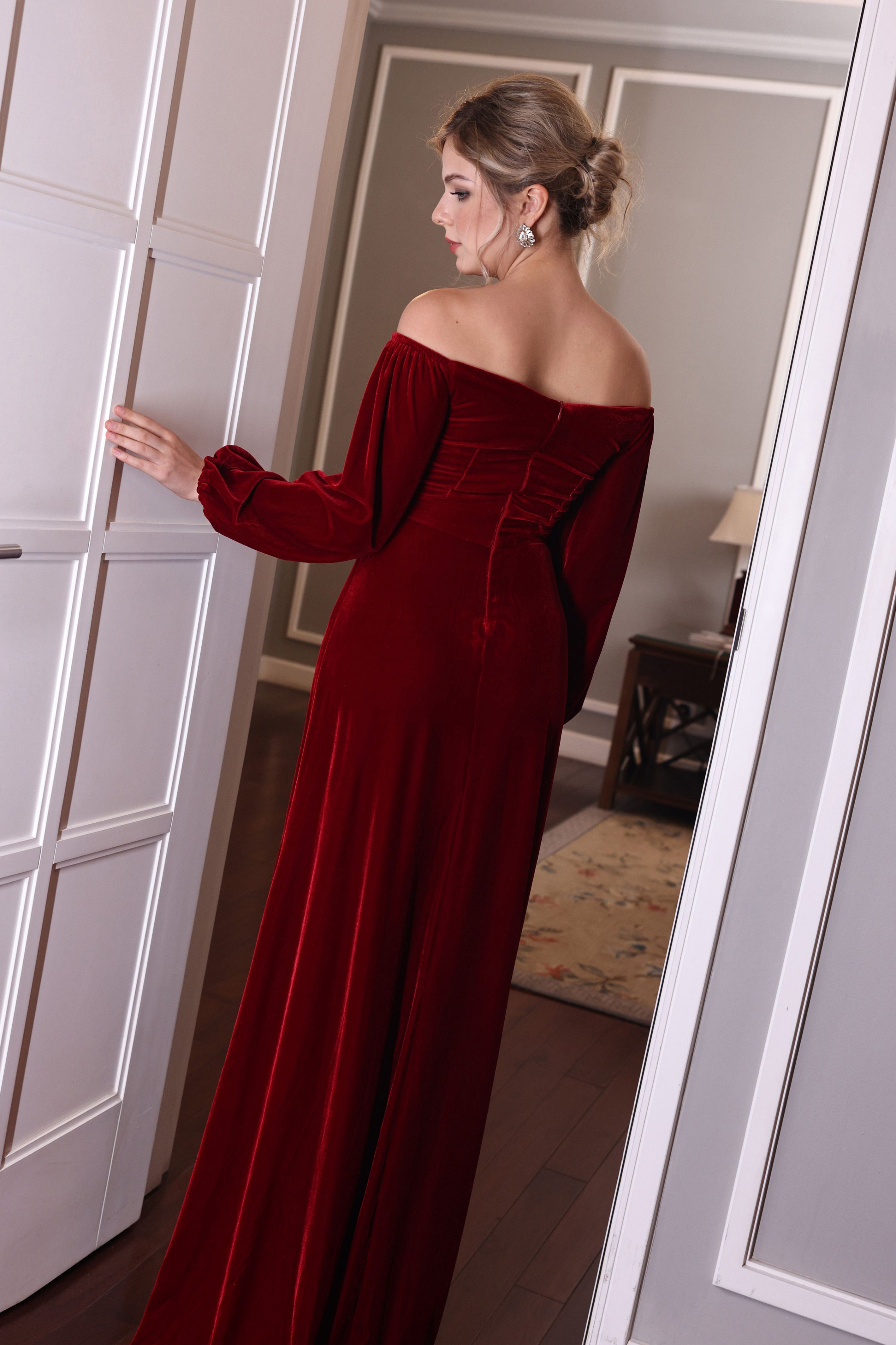 long sleeve red velvet dress