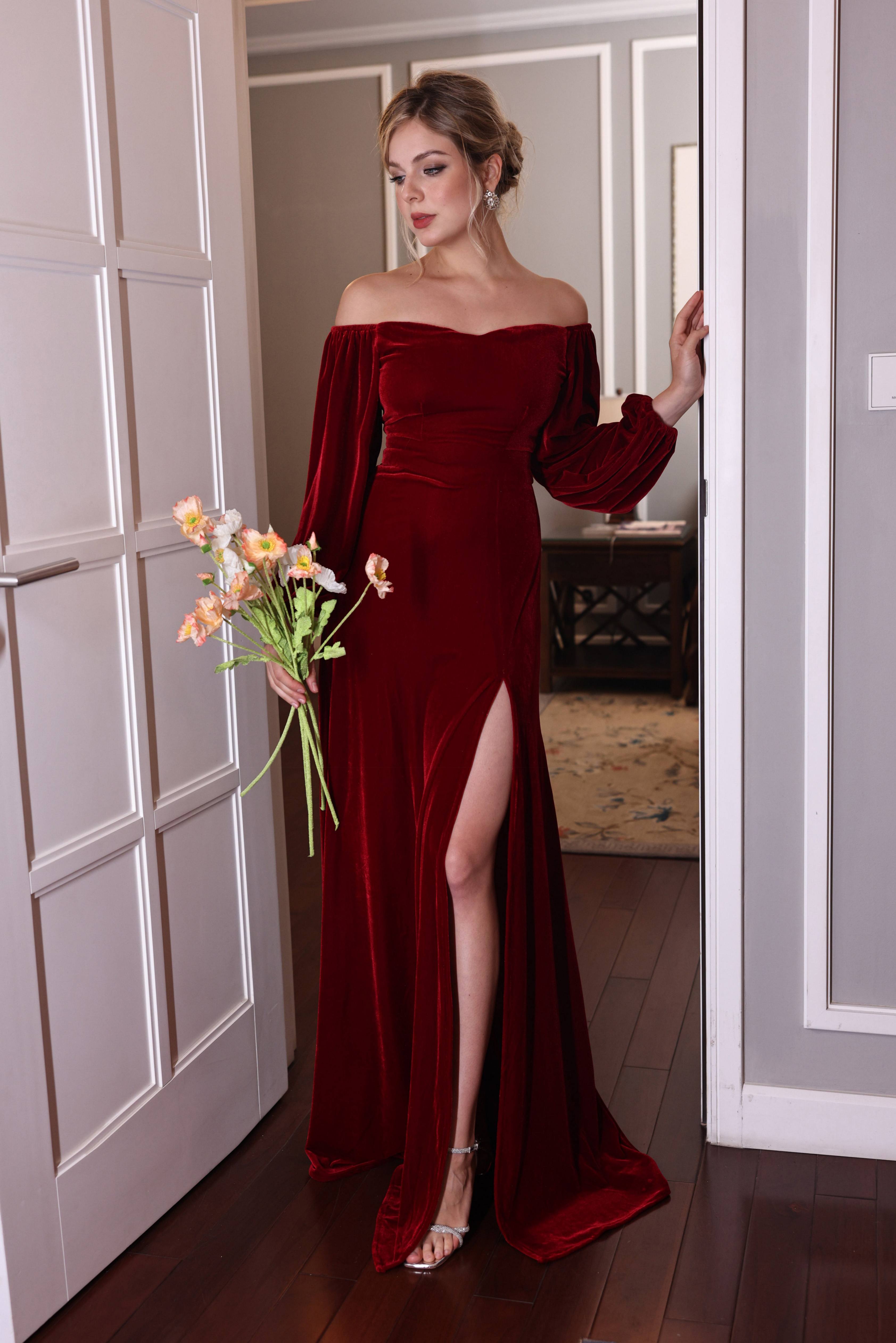 long sleeve red velvet dress