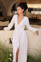 Long sleeve V-neck linen dress