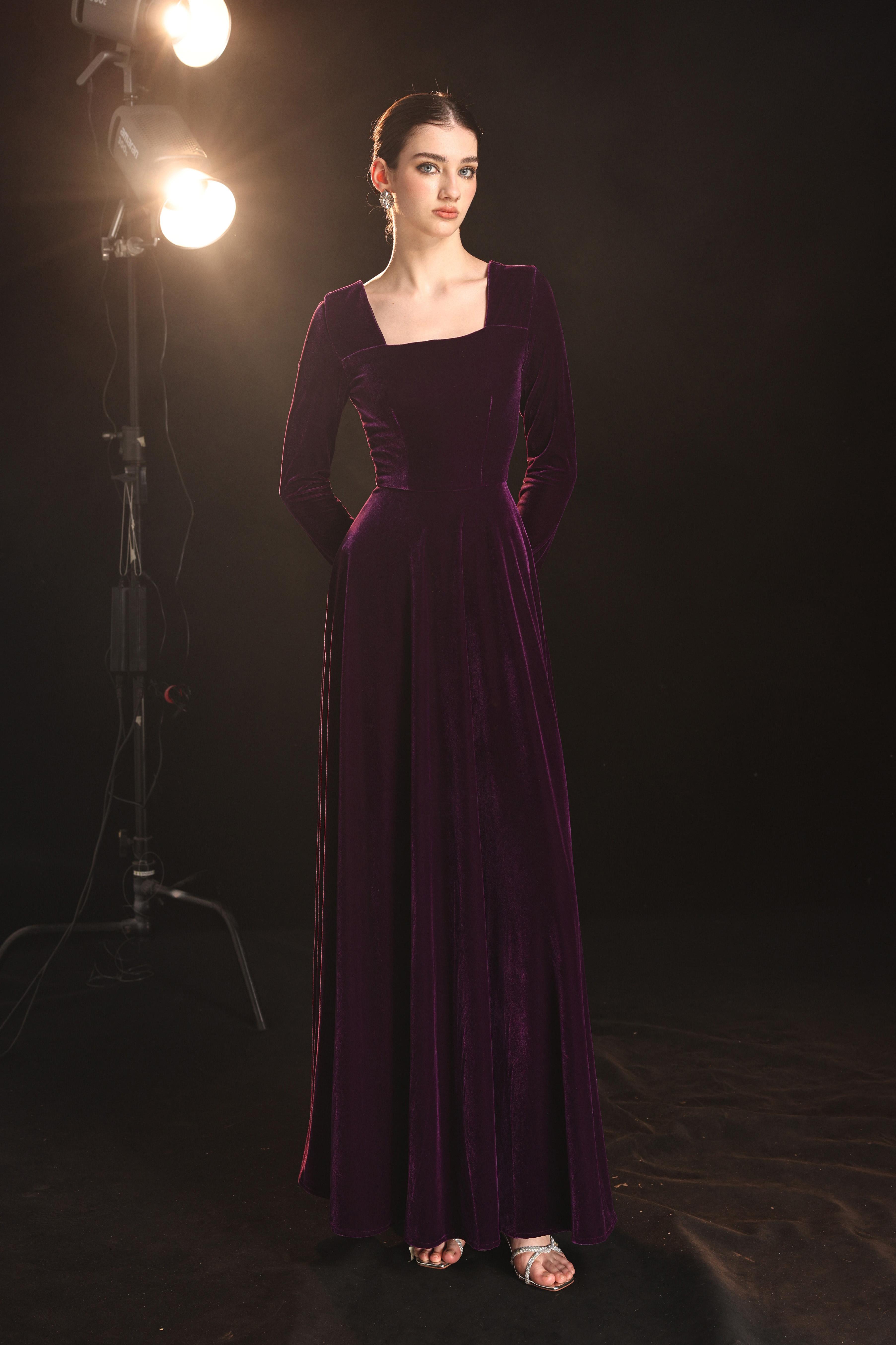 Long sleeve velvet formal dress