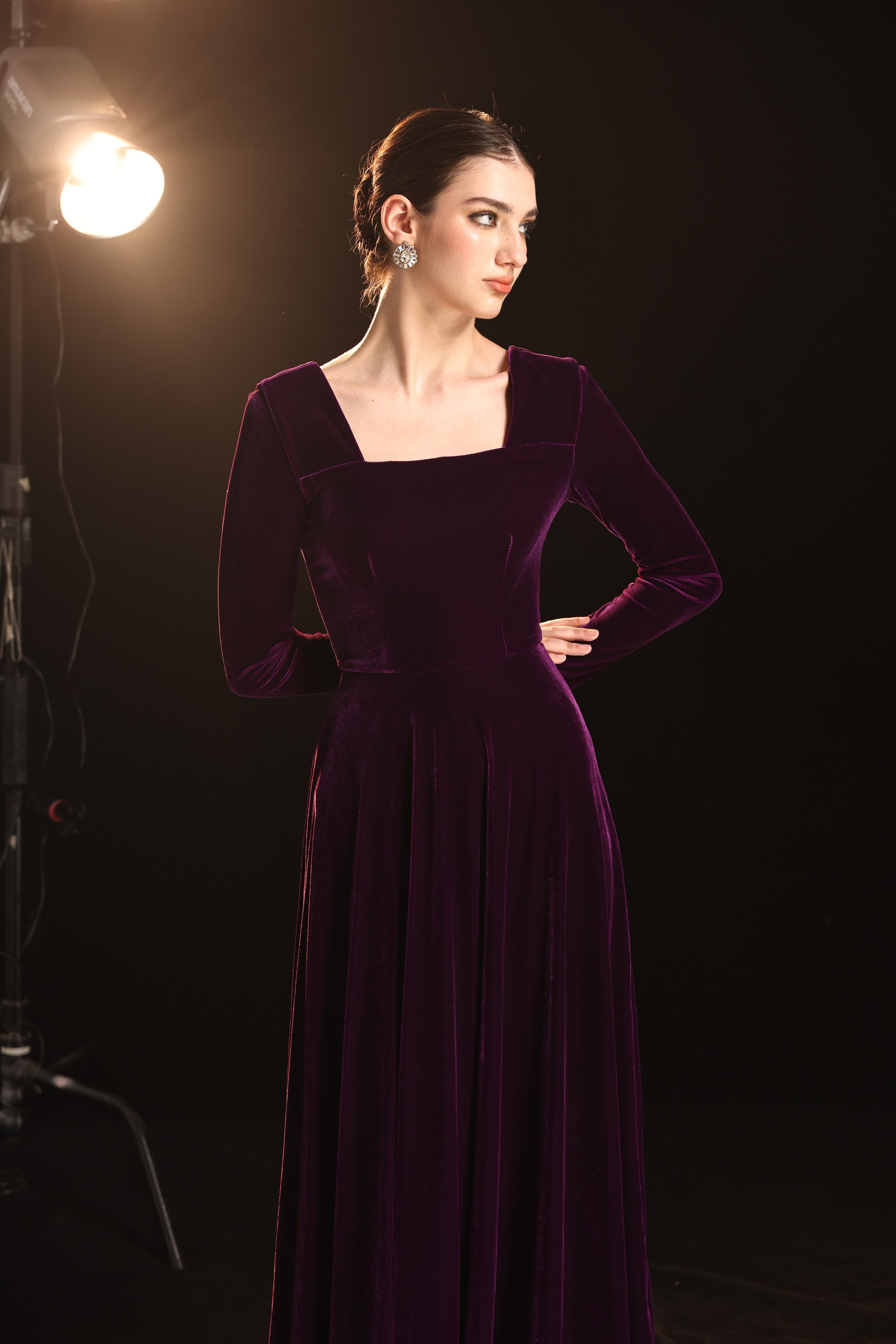 Long sleeve velvet formal dress