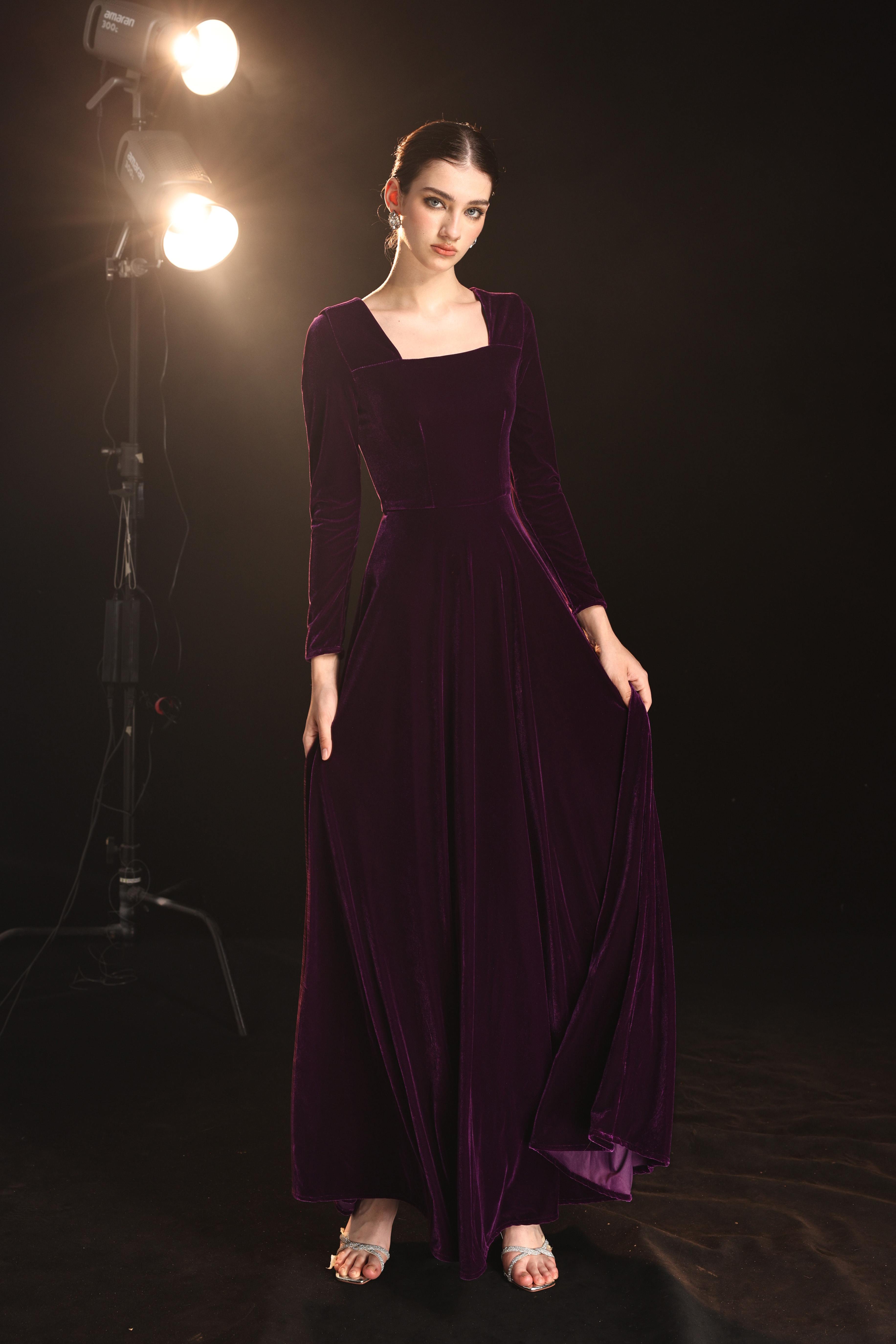 Long sleeve velvet formal dress