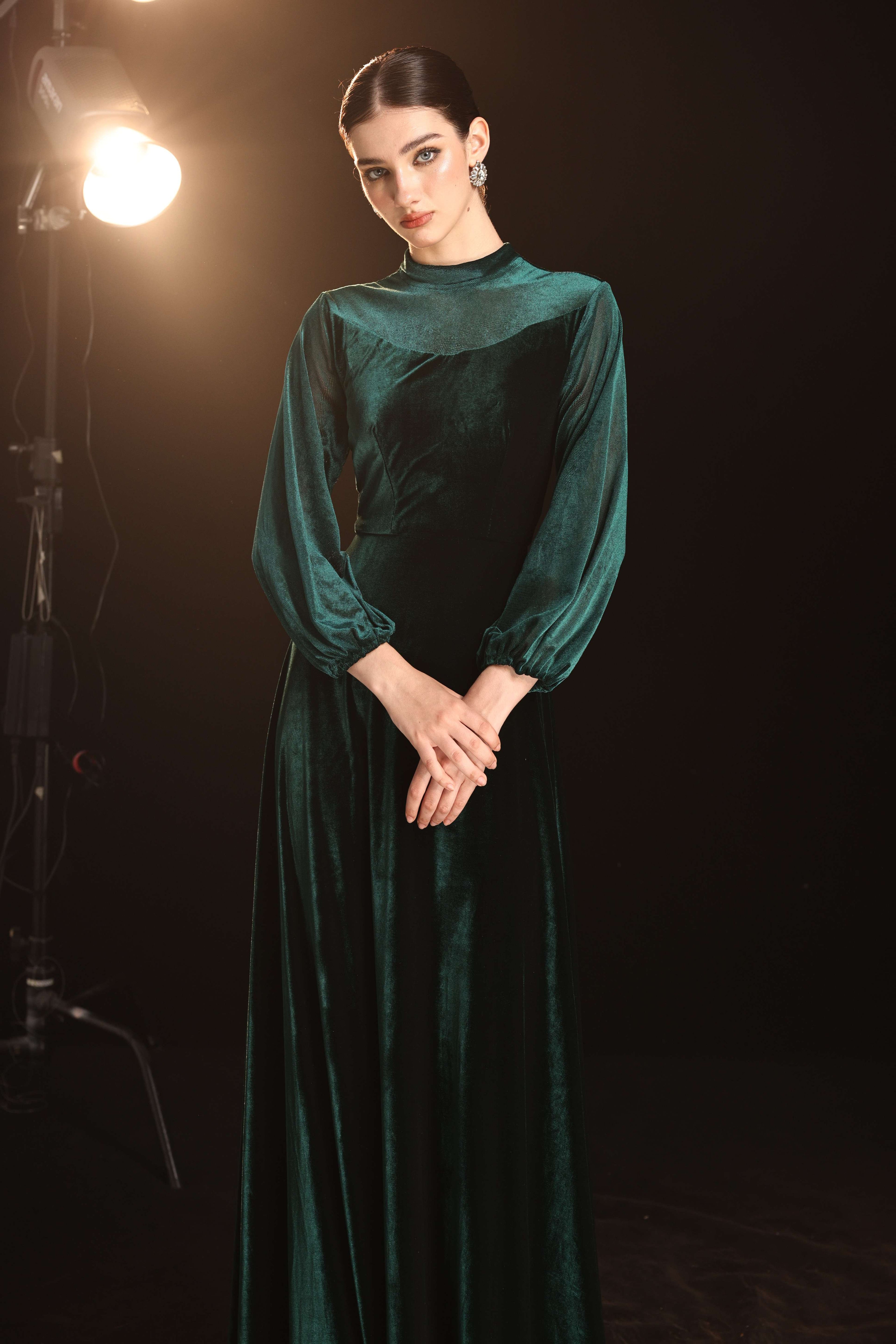 Mesh sleeve velvet maxi dress