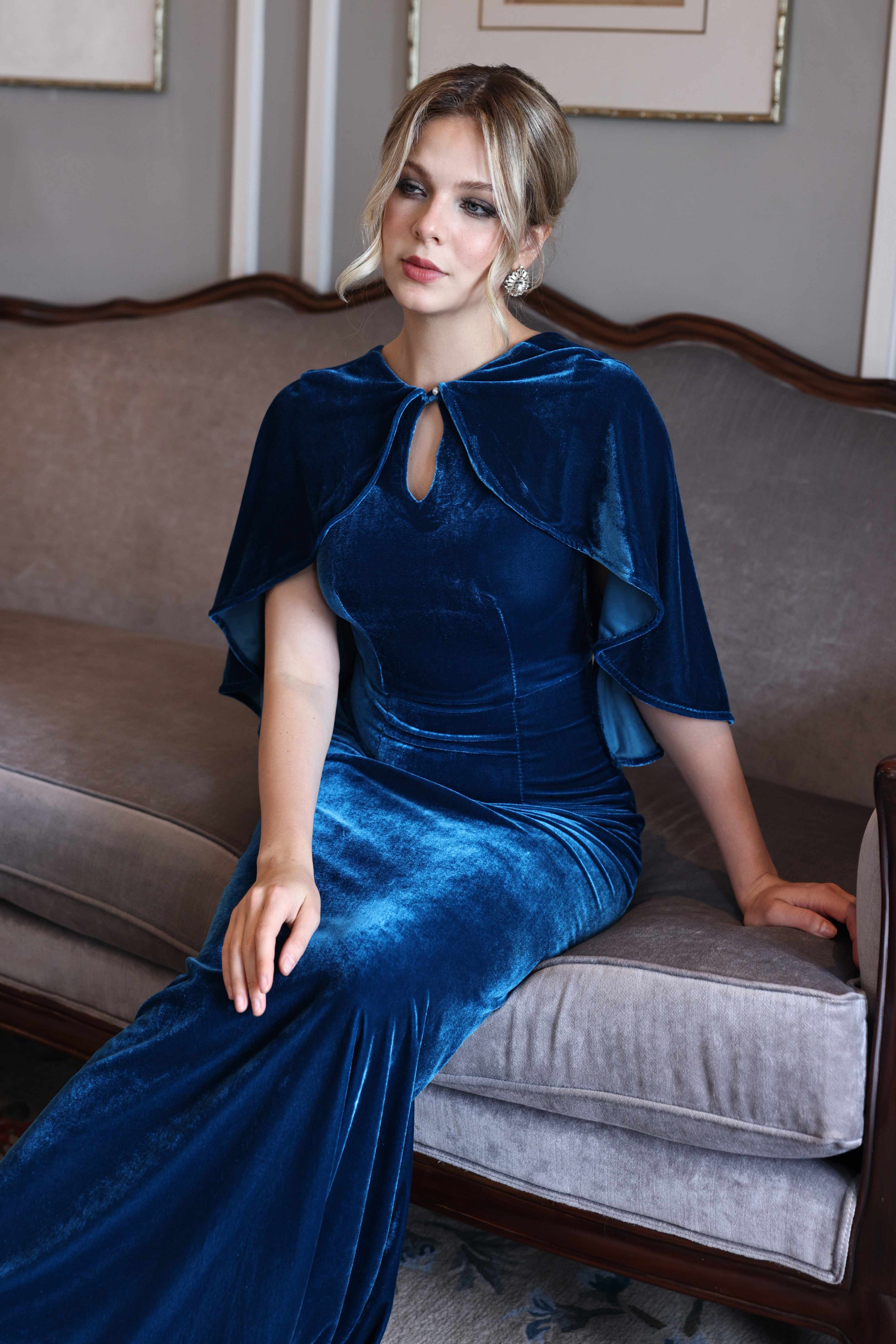 Modest blue velvet cape gown RACHEL MYAN ATELIER Modest blue velvet cape gown RACHEL MYAN ATELIER