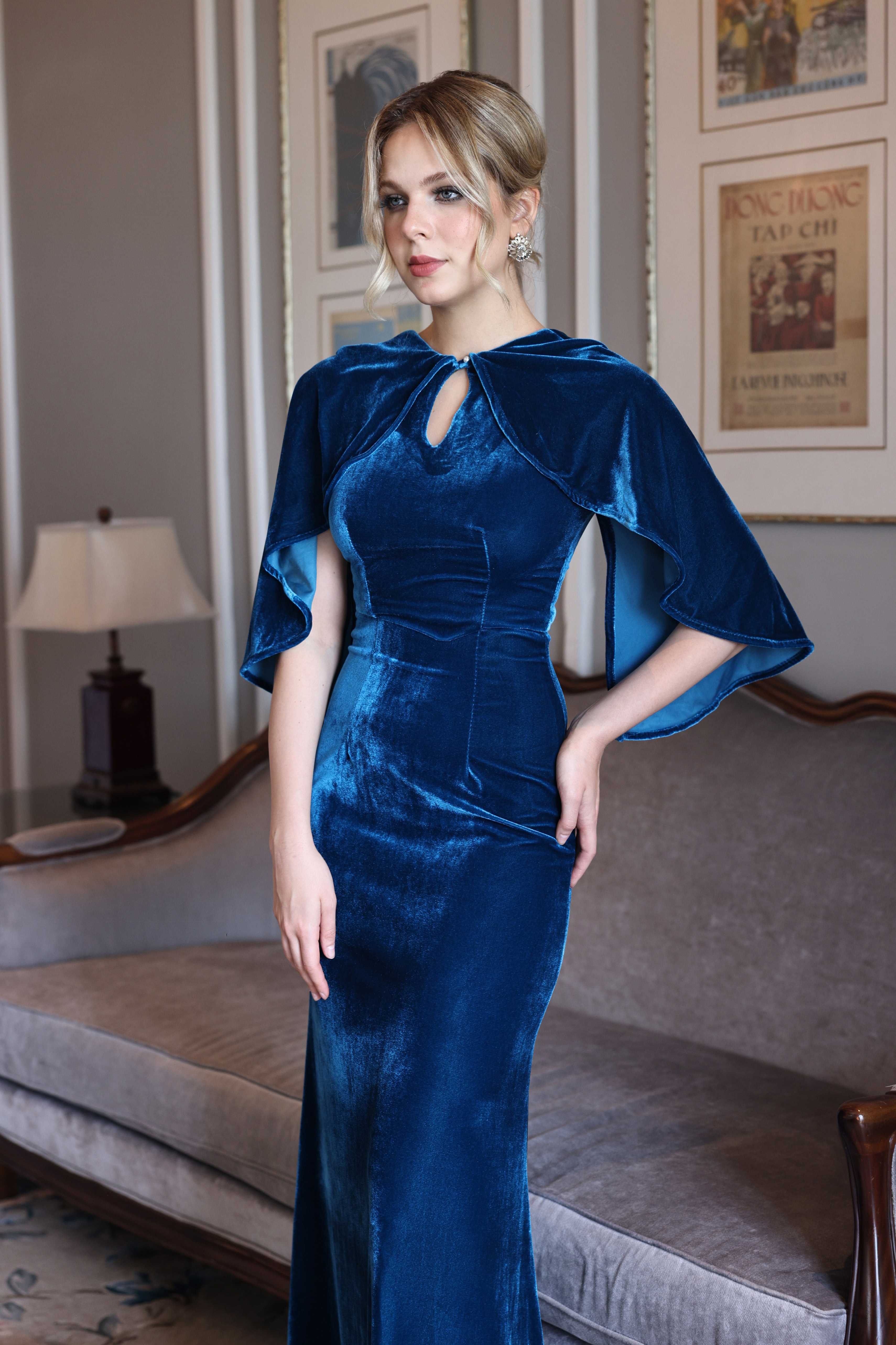 modest blue velvet cape gown