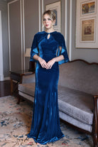 modest blue velvet cape gown