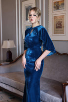 modest blue velvet cape gown