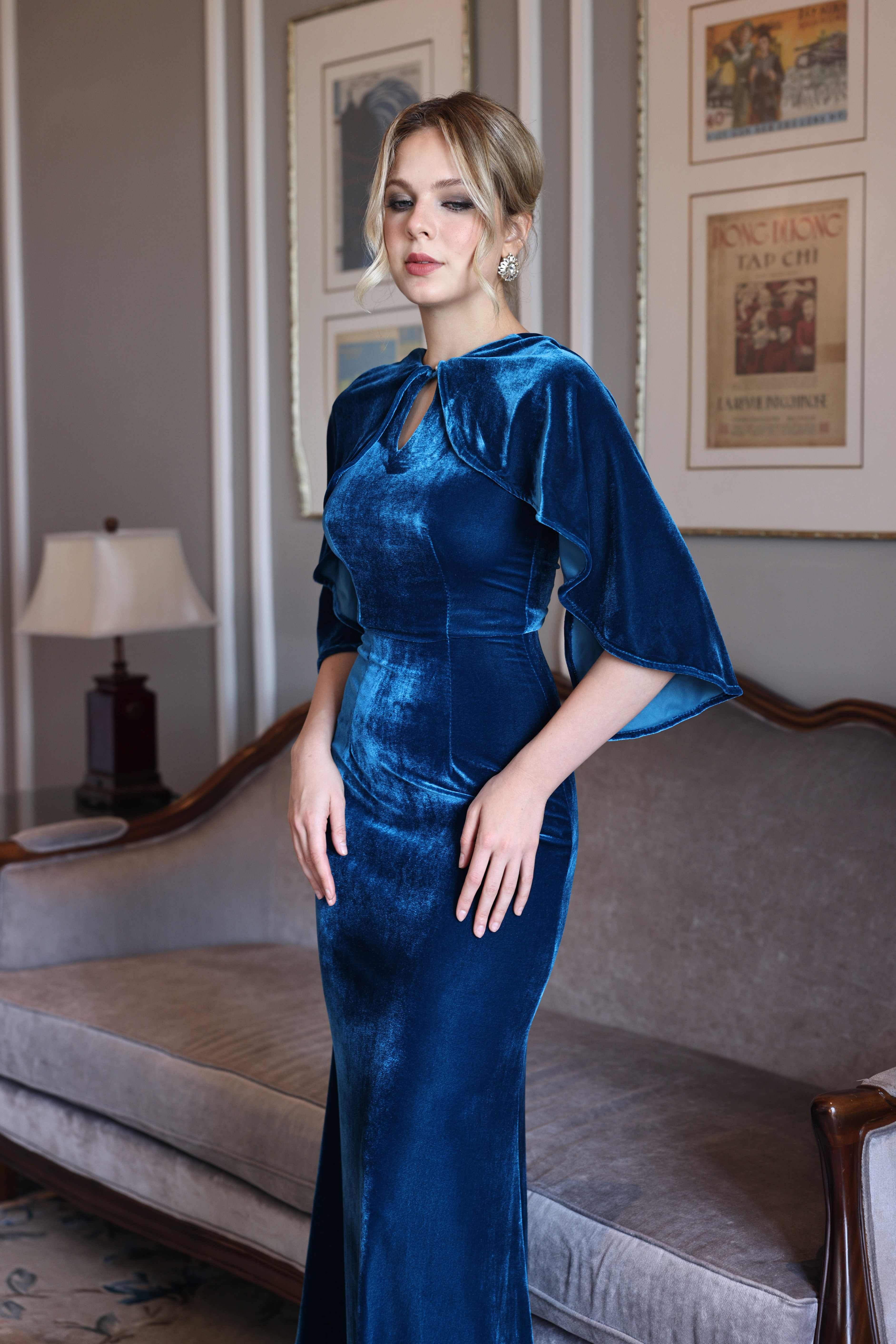 modest blue velvet cape gown