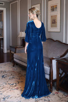 modest blue velvet cape gown