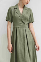 Notched collar linen dress