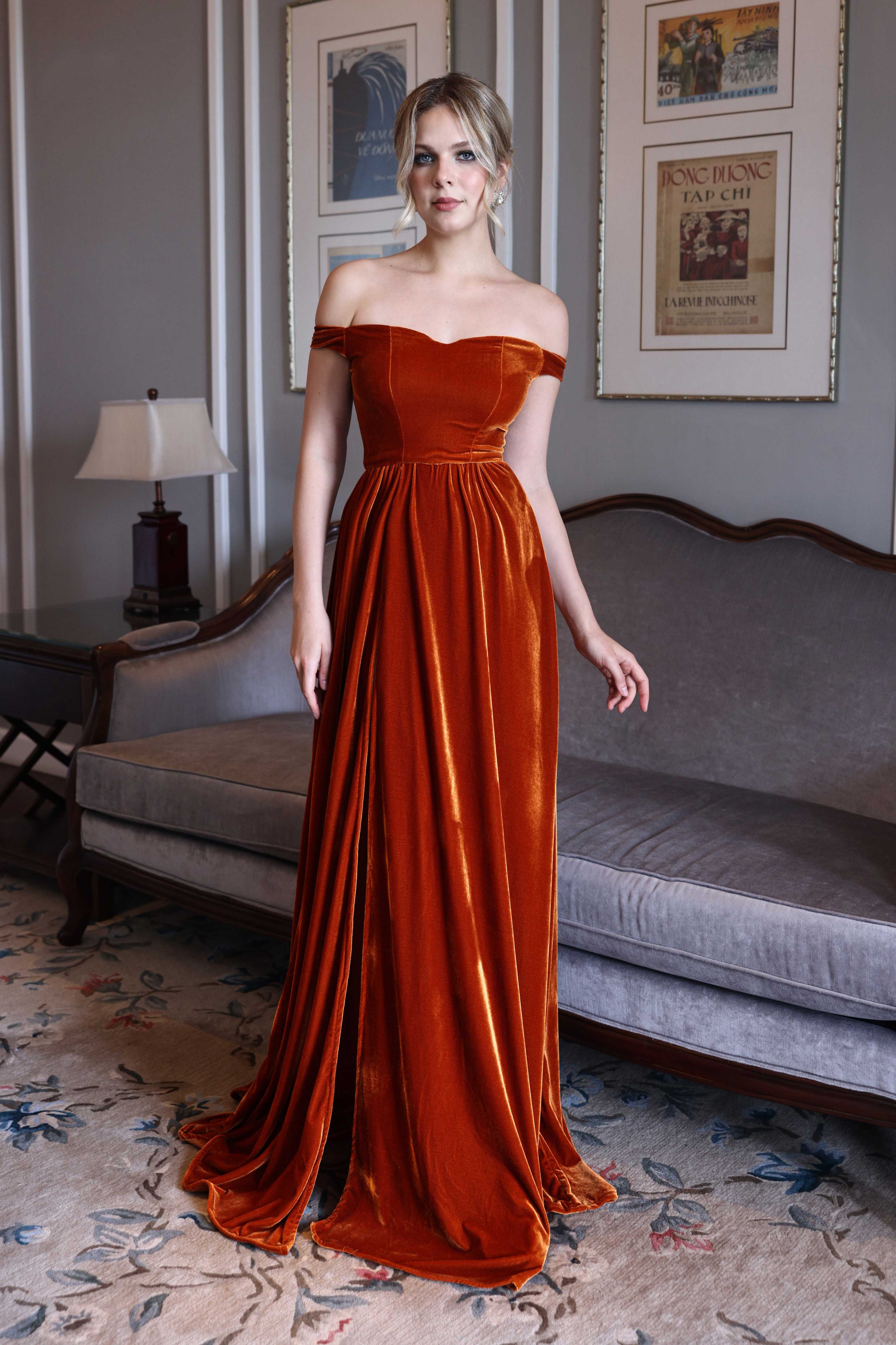 Off shoulder velvet evening dress