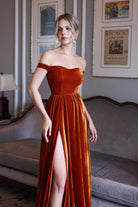 Off shoulder velvet evening dress