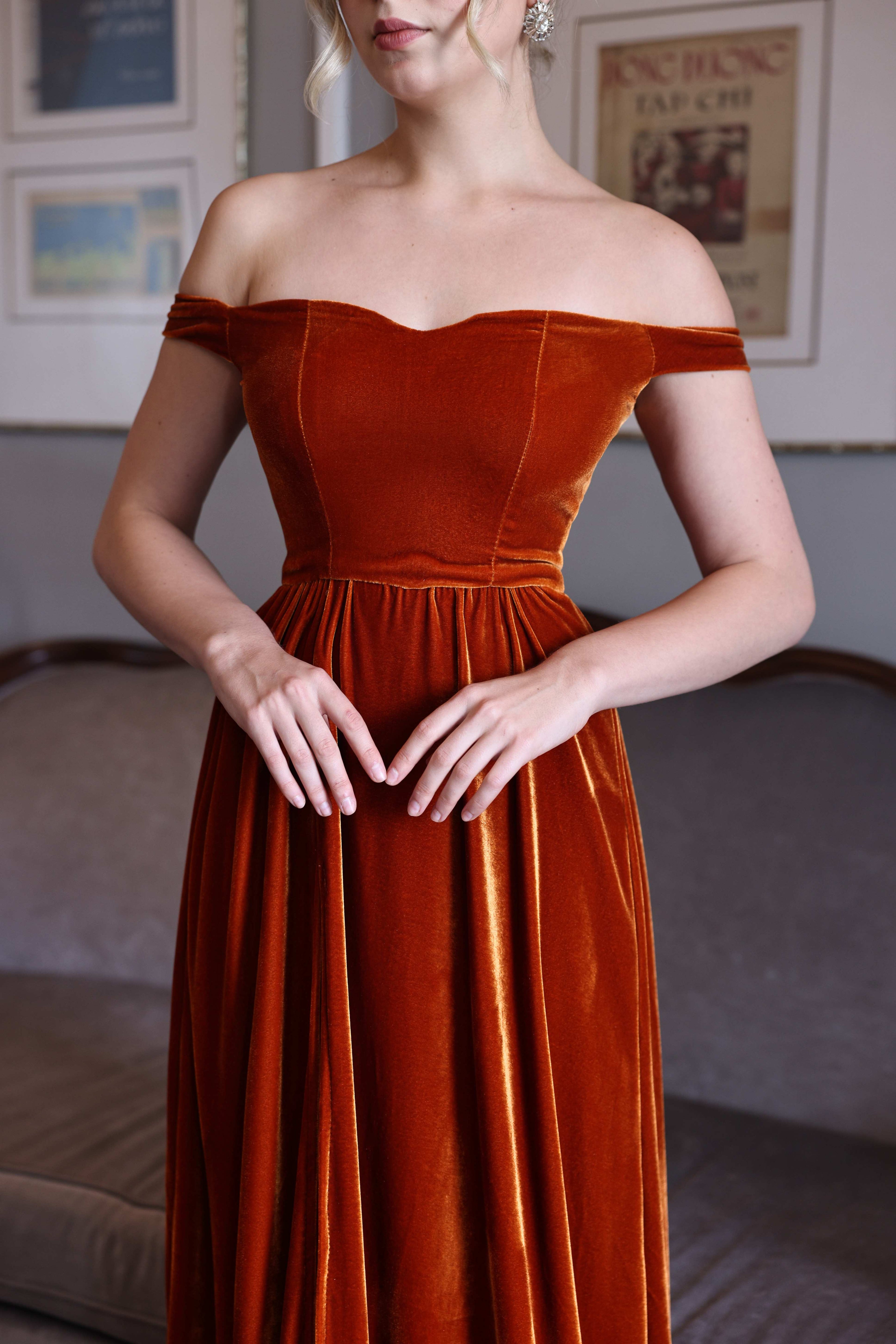 Off shoulder velvet evening dress